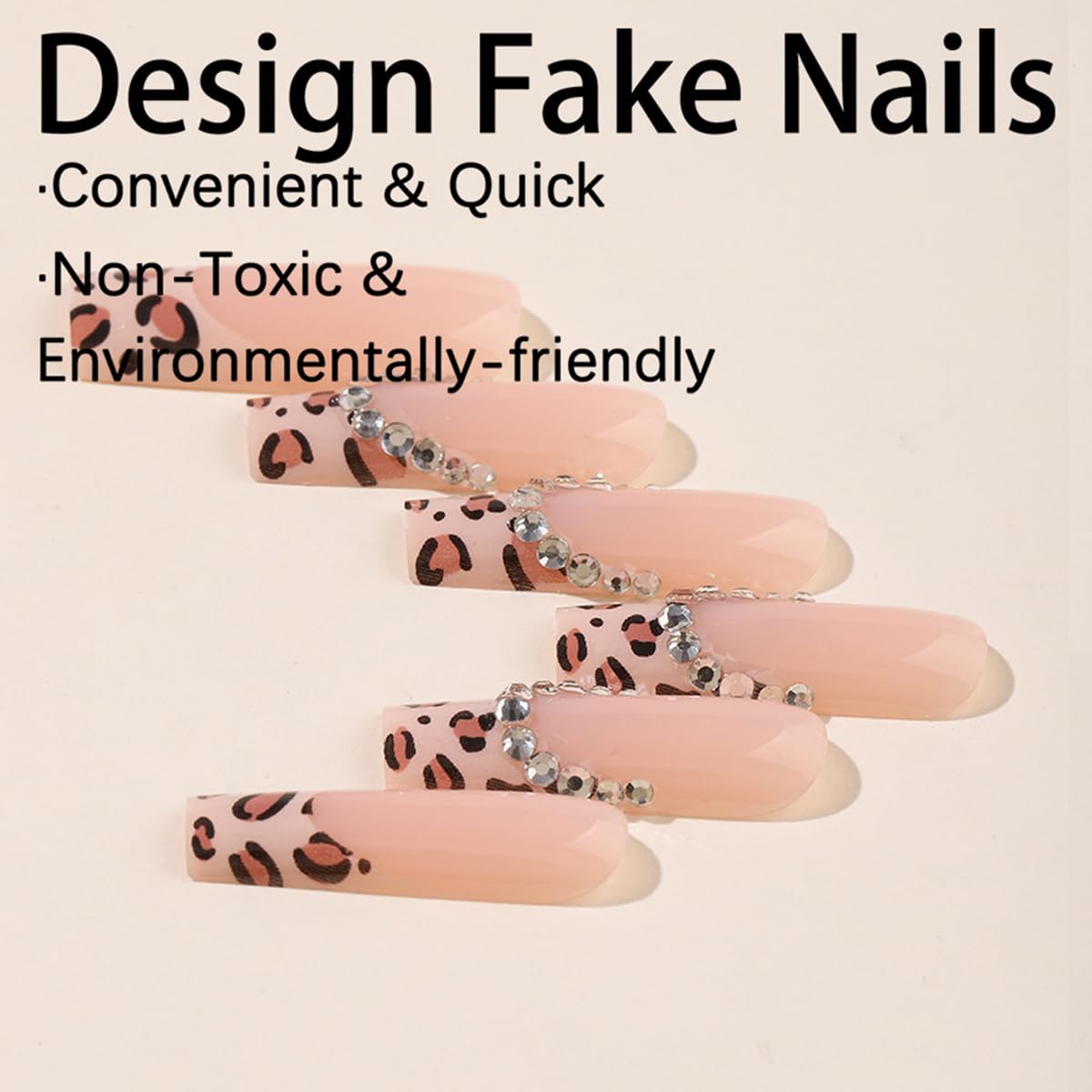 Long Press-on Square Nails with Leopard Print French Tips & Sparkly Rhinestones - 24Pcs Full Cover Glossy False Nails Kit for Women | 3D Nail Charms for Parties, Weddings & Special Occasions