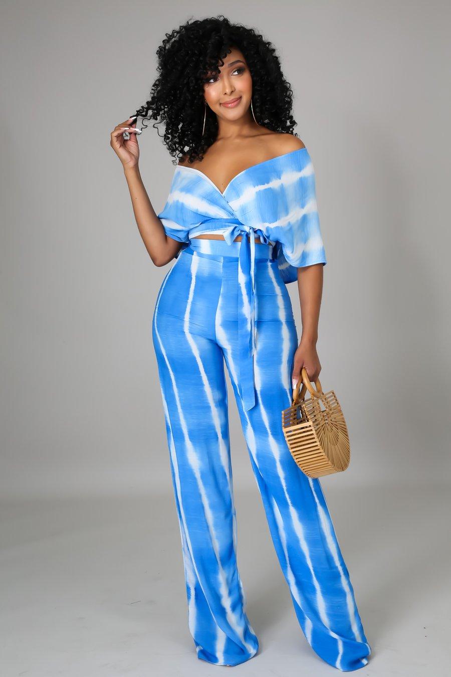 Island Living Palazzo Pant Set - Flowy Wide Leg Lounge Pants for Women in Blue | Perfect for Beach Vacation, Yoga, and Casual Wear