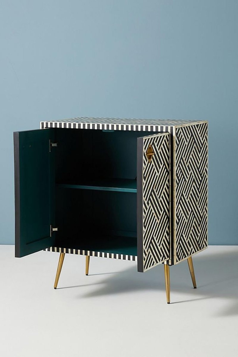 Handmade Bone Inlay Entryway Cabinet - Black Two-Door Storage Unit with Optical Design for Hallway, Living Room & Bedroom Organization