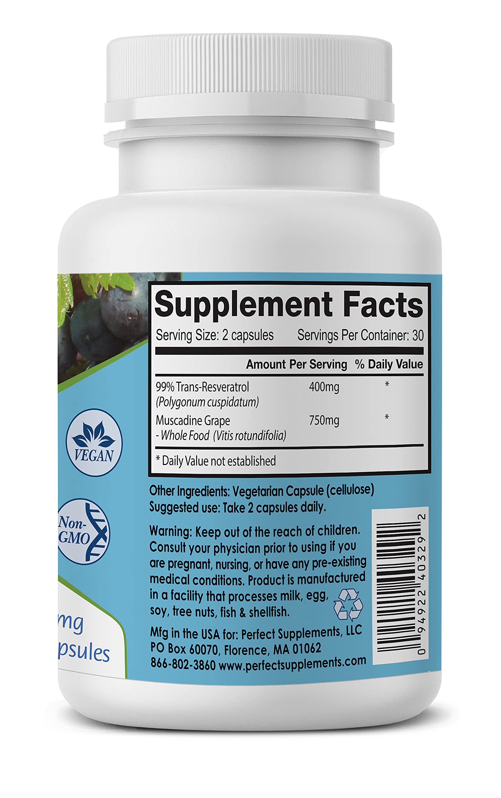 Perfect ResGrape Max - 180 Vegetable Capsules (3-Pack) | 99% Pure Trans-Resveratrol & Muscadine Grape Extract | Anti-Aging Supplement & Powerful Antioxidant | Supports Heart Health & Cellular Longevity for Active Adults