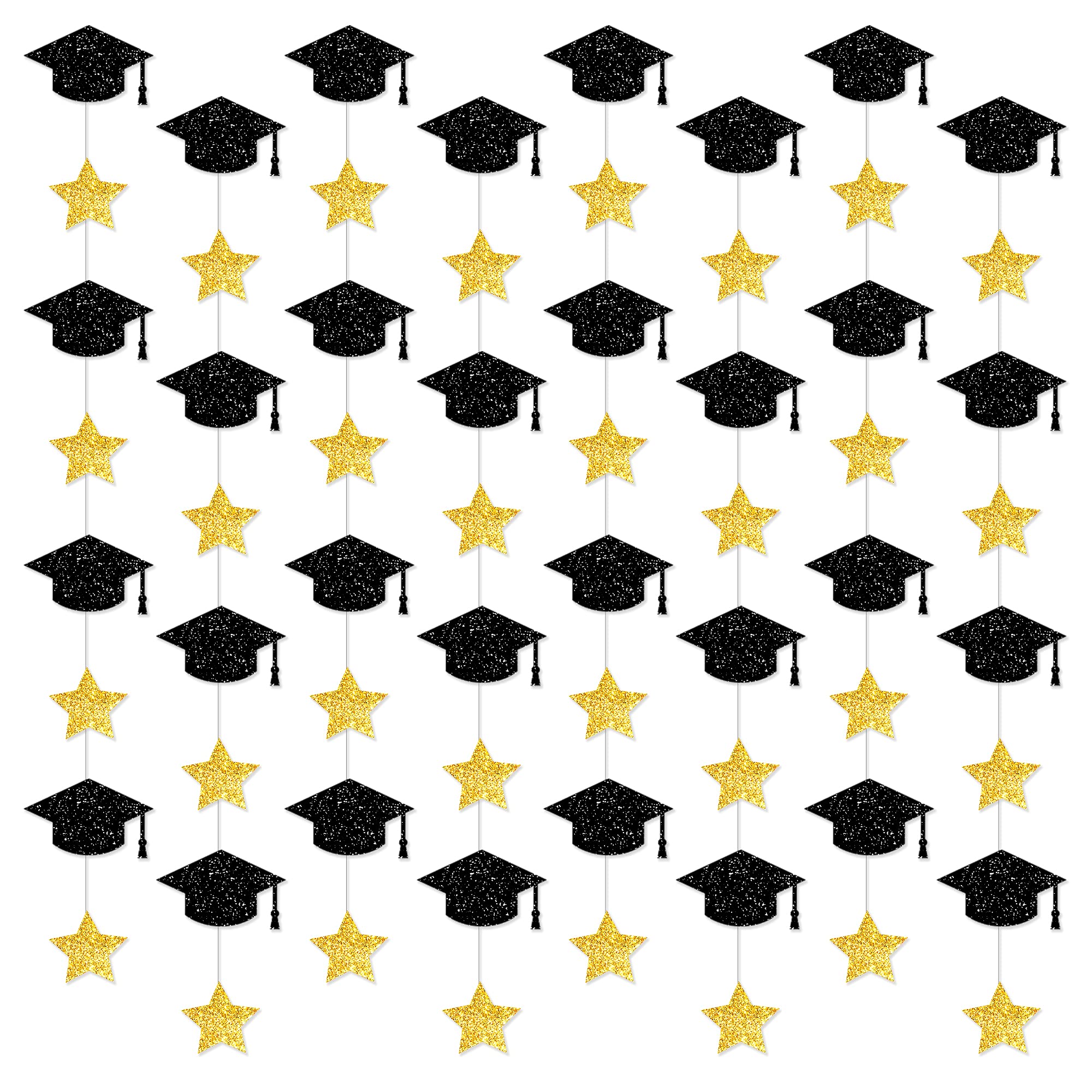 KatchOn 10 Feet Glitter Graduation Cap Garland - 8 String Black & Gold Graduation Decor 2025 | No DIY Graduation Party Supplies | Perfect for Graduation Ceremony Decorations, Photo Backdrops & College Grad Celebrations