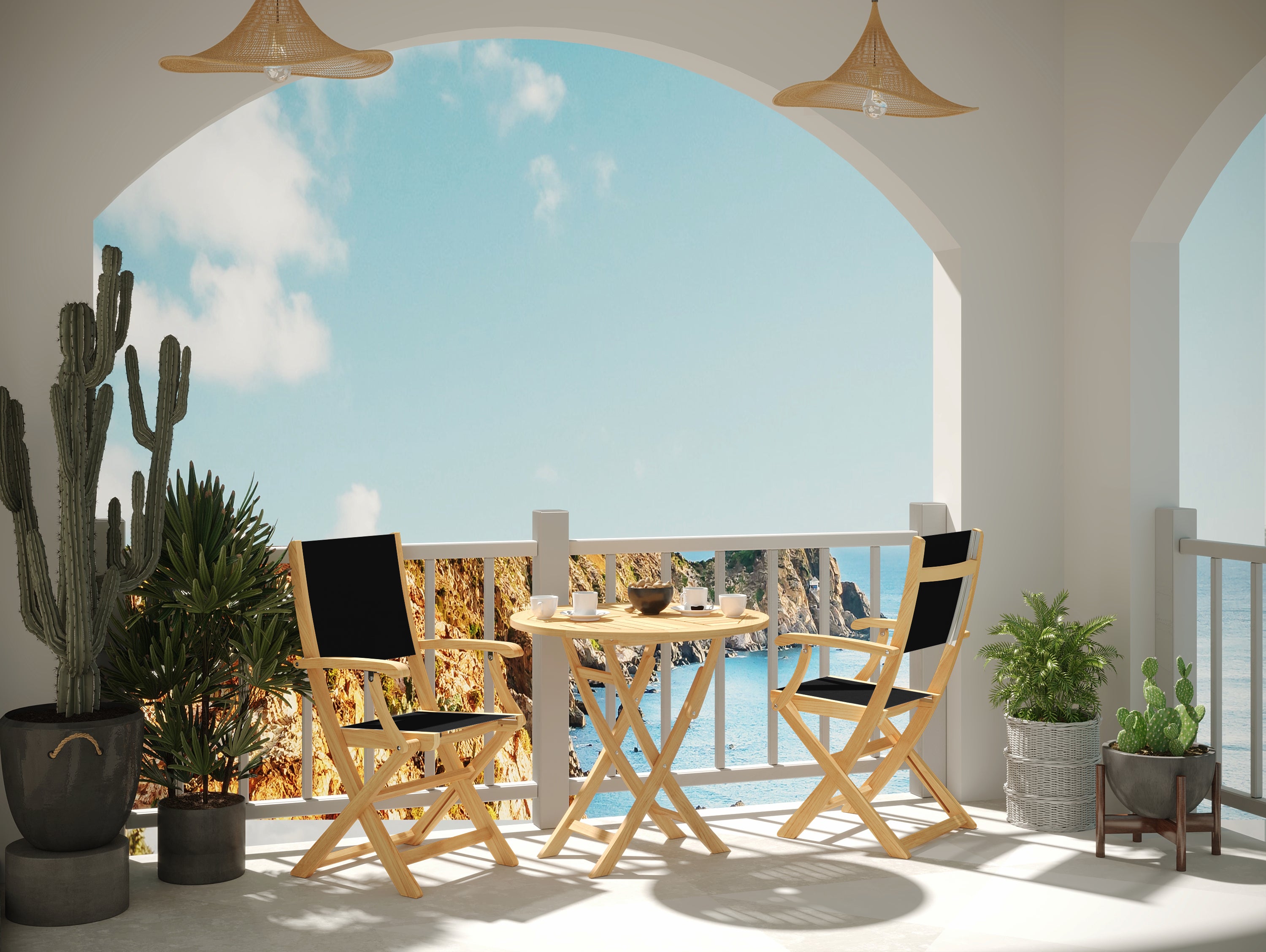 Premium 3-Piece Round Teak Outdoor Bistro Set - Blue Folding Table & Armchairs for Patio, Garden, Balcony Dining & Relaxation
