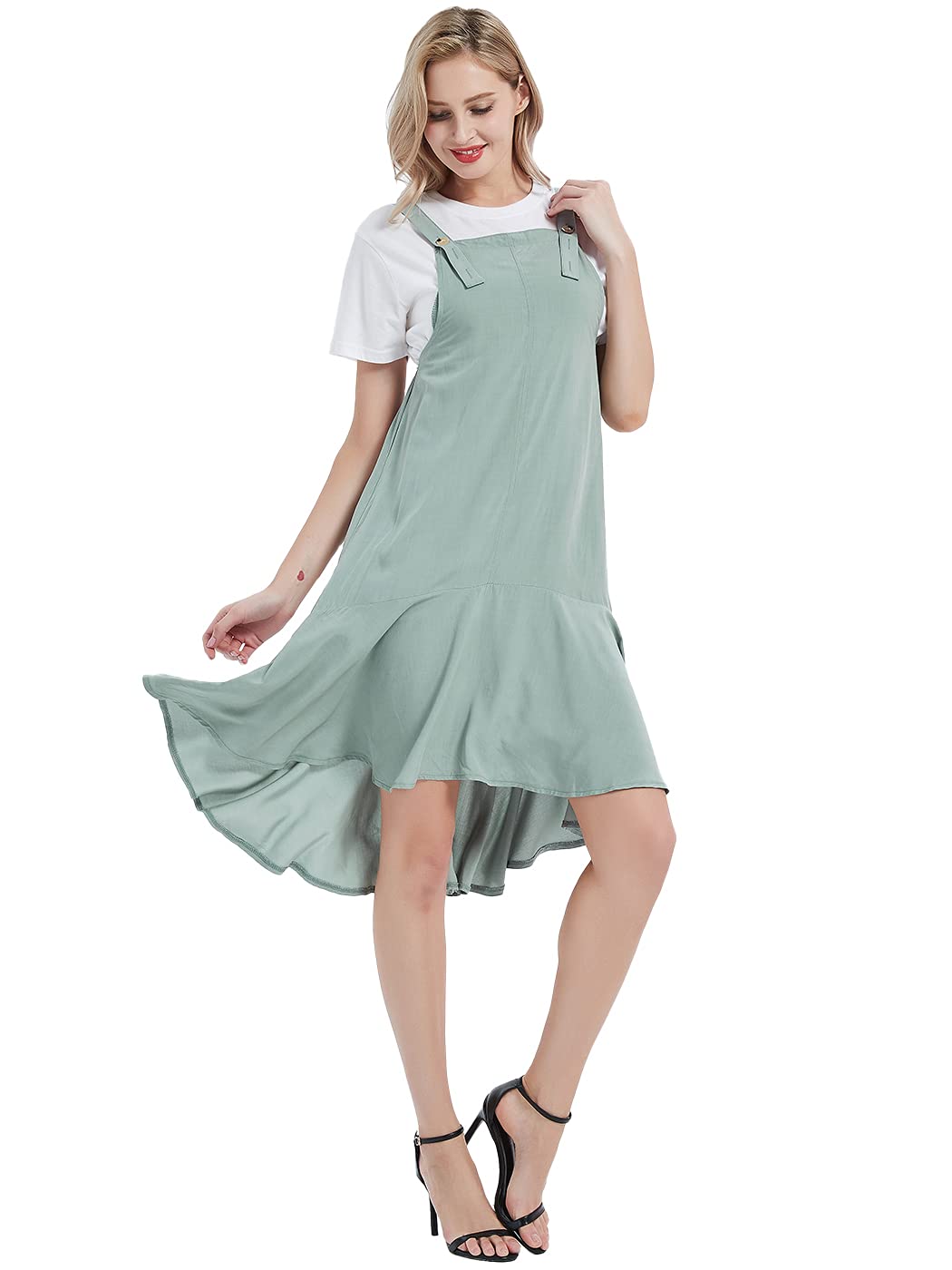 Anna-Kaci Women's Button Strap Overall Jumper Pinafore Dress with Peplum Hem - Casual Midi Dress for Spring/Summer, Perfect for Date Nights & Outdoor Activities