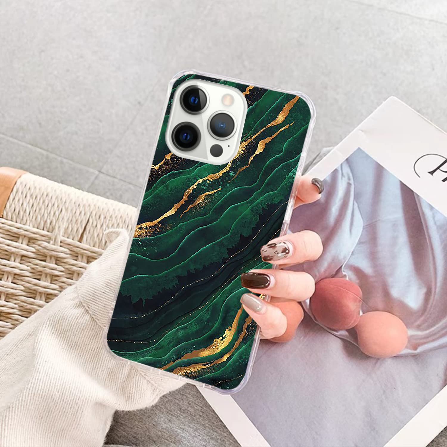 Elegant Green Gold Marble Phone Case for iPhone 13 Pro Max - Trendy Dark Green Marble Design with TPU Bumper Cover - Perfect for Daily Use, Office & Travel Protection