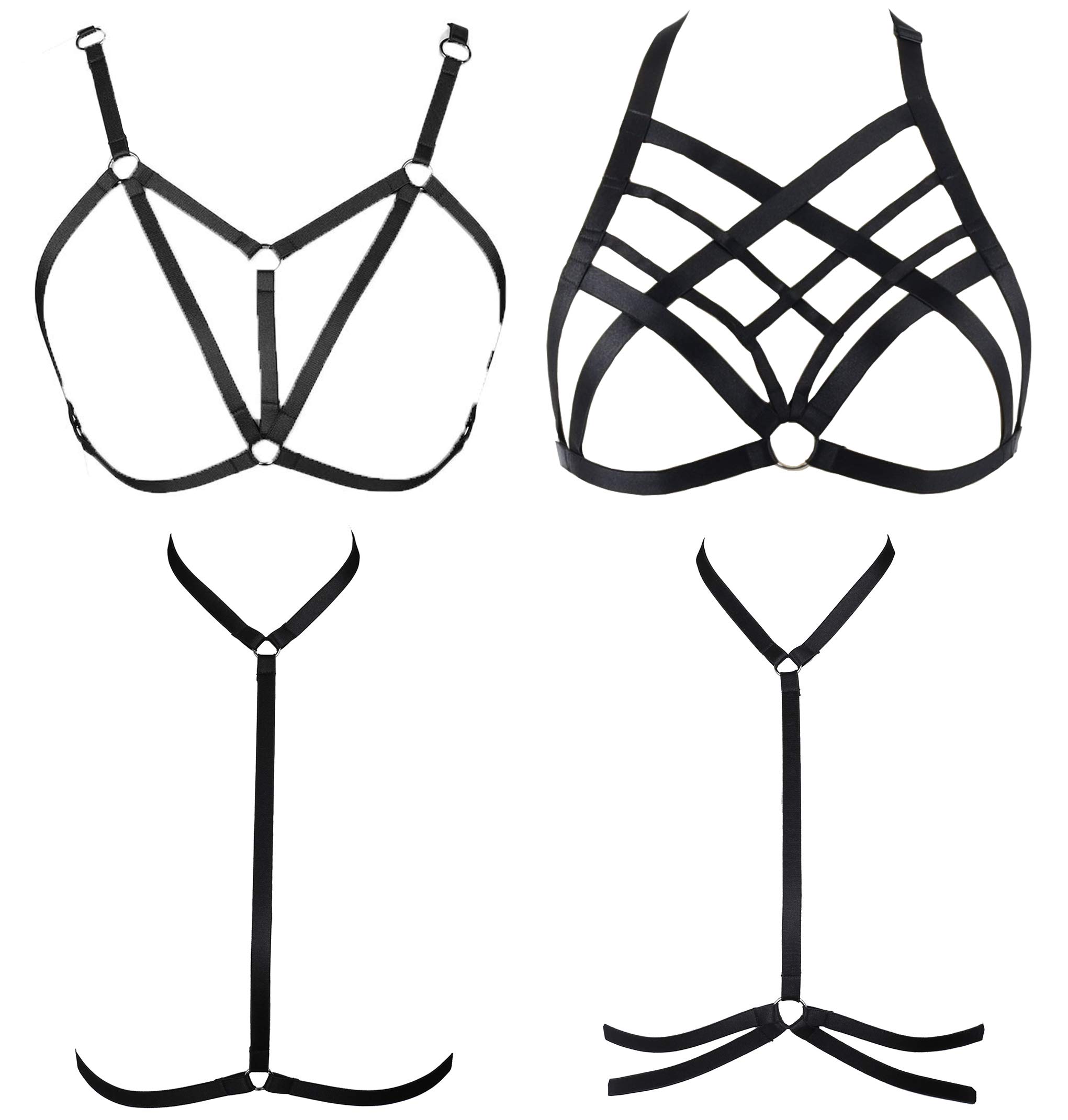 FIBO STEEL 4-Piece Women's Strappy Cage Bra Set - Sexy Lingerie Harness for Women | Perfect for Valentine's Day, Boudoir Photography & Bachelorette Parties