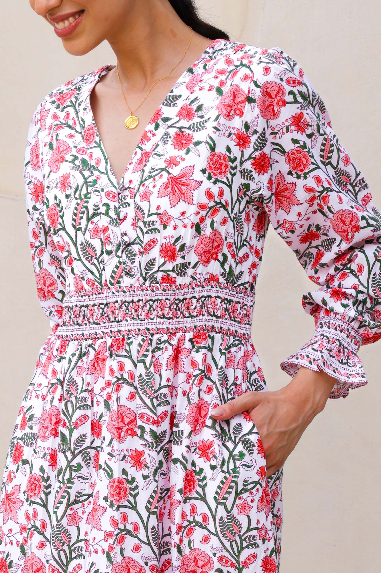 Billie Organic Cotton Block Print Dress - Gardenia Pink & Green Floral | Boho Chic Summer Dress for Women | Perfect for Beach, Vacation & Casual Outings