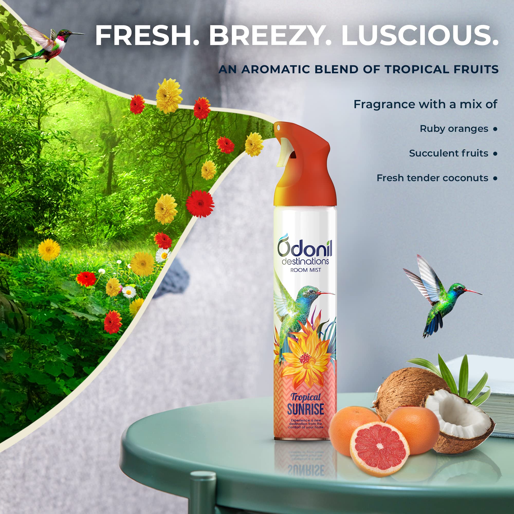 Odonil Destinations Room Air Freshener Spray 240ml - Tropical Sunrise Scent | Long Lasting Fragrance for Home, Office & Car | Eliminates Odors & Freshens Air Instantly