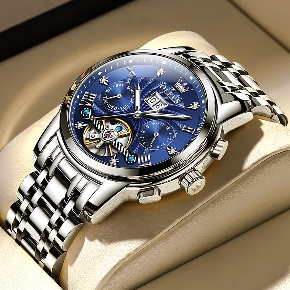 OLEVS Men's Automatic Skeleton Watch - Self Winding Mechanical Watch with Luminous Hands, Waterproof, Diamond Accents, Day/Date Display - Perfect for Business, Dress & Formal Occasions