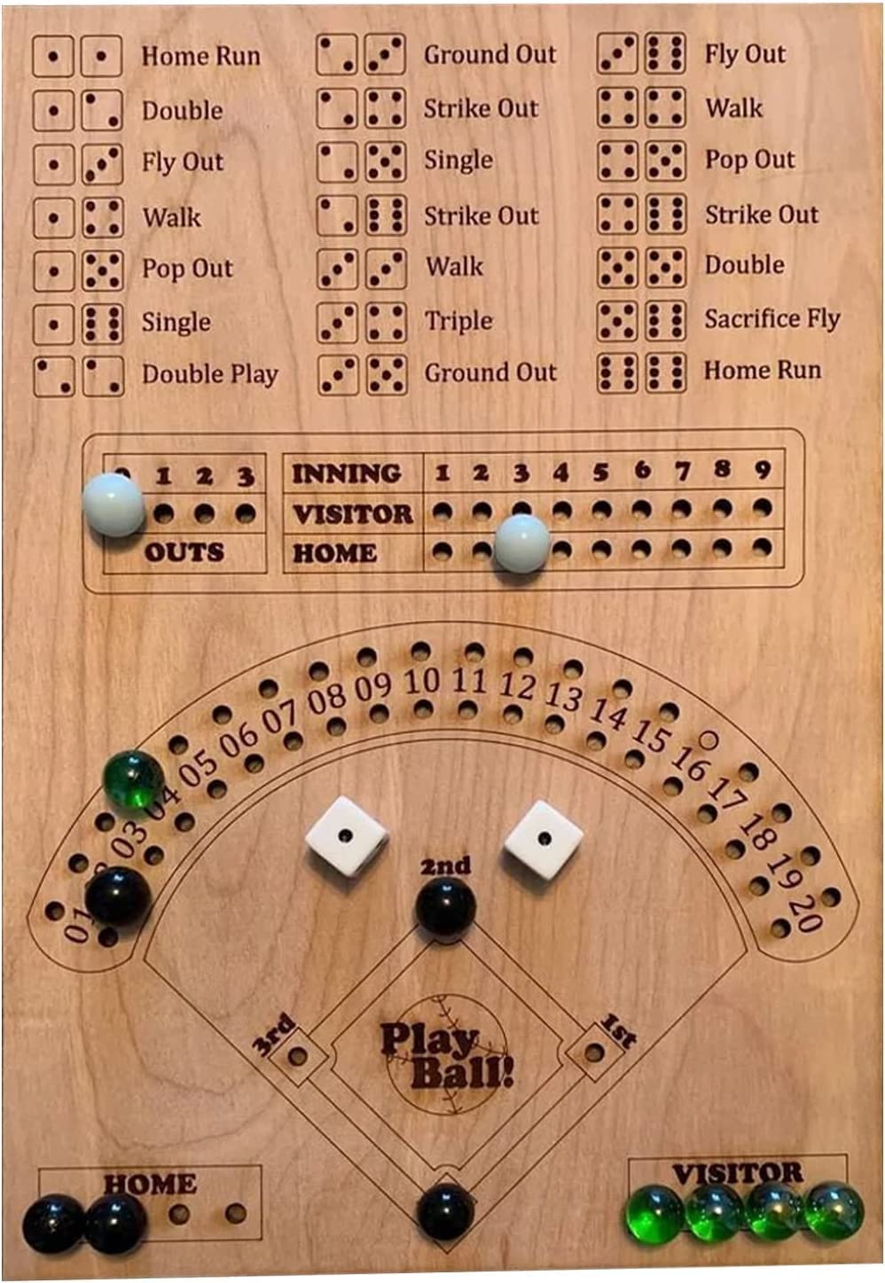 Wooden Baseball Dice Board Game with Dice & Marbles - Fun Family Game for Kids & Adults - Perfect for Birthday Gifts, Parties, Holiday Gatherings & Game Nights