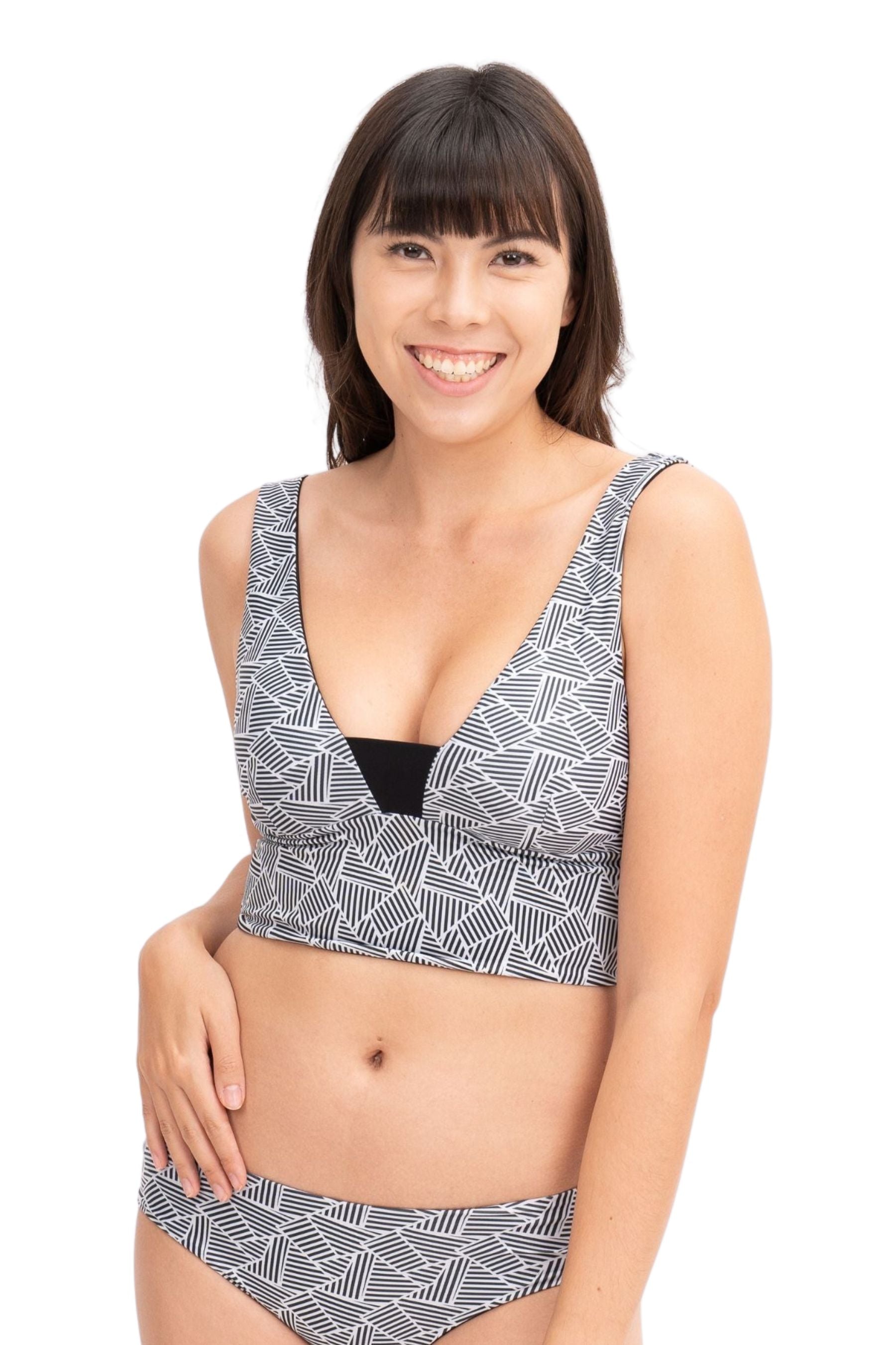 Reversible Sipadan Crop Bikini Top - Black/Tile Print | Swimwear for Beach Vacation & Summer Pool Party