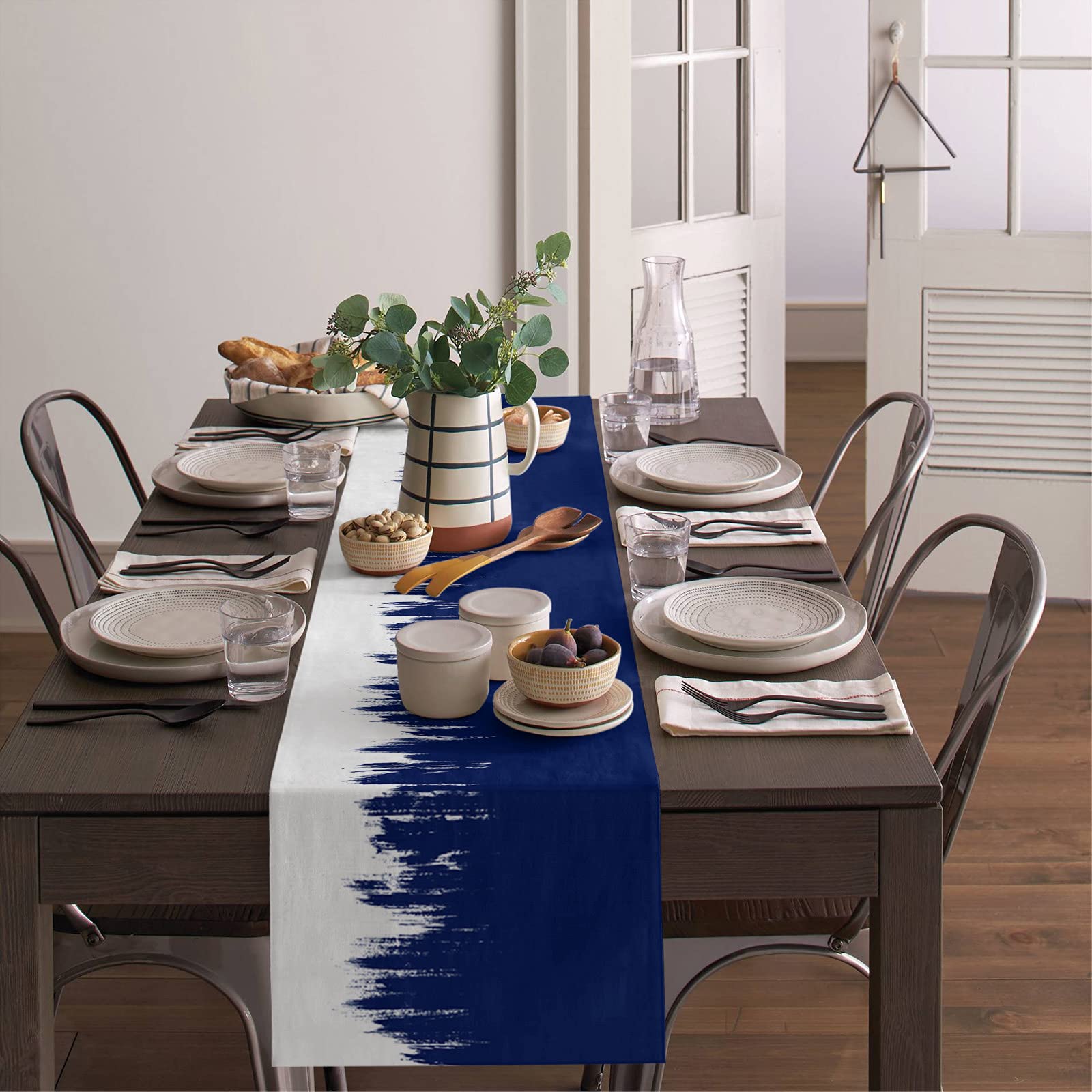 Navy Blue & White Textured Cotton Linen Table Runner - 36 Inch Long Modern Abstract Burlap Table Decor for Dining, Coffee Tables, Parties & Weddings | Perfect for Farmhouse, Rustic & Boho Home Decor
