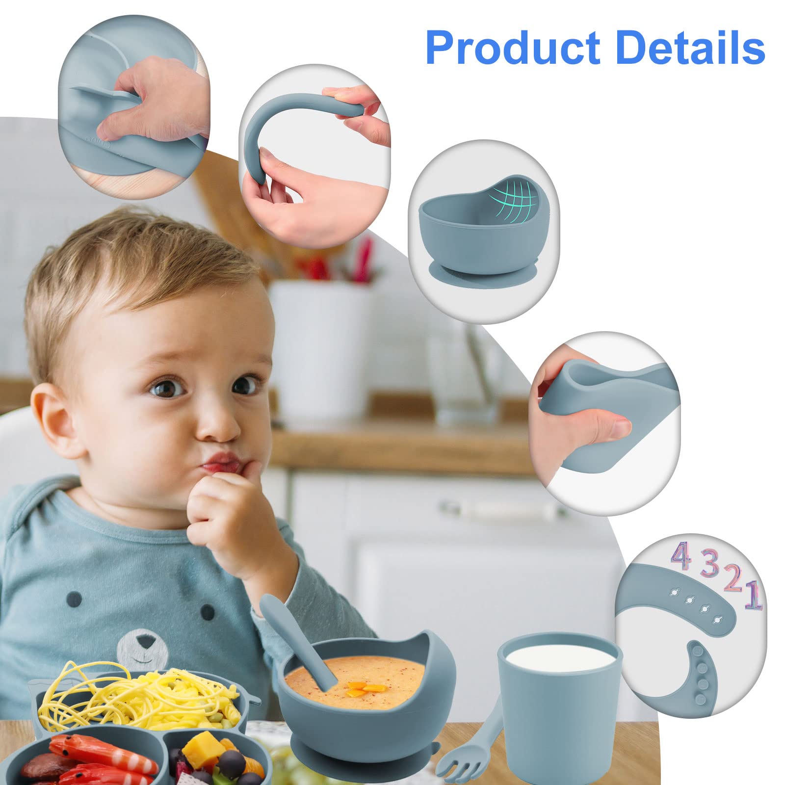 Domueay 6-Piece Silicone Baby Feeding Set - BPA-Free Toddler Weaning Kit with Suction Bowl, Elephant Divided Plate, Spoon, Fork, Adjustable Bib & Cup (Blue) - Perfect for Mess-Free Mealtime & Learning Self-Feeding