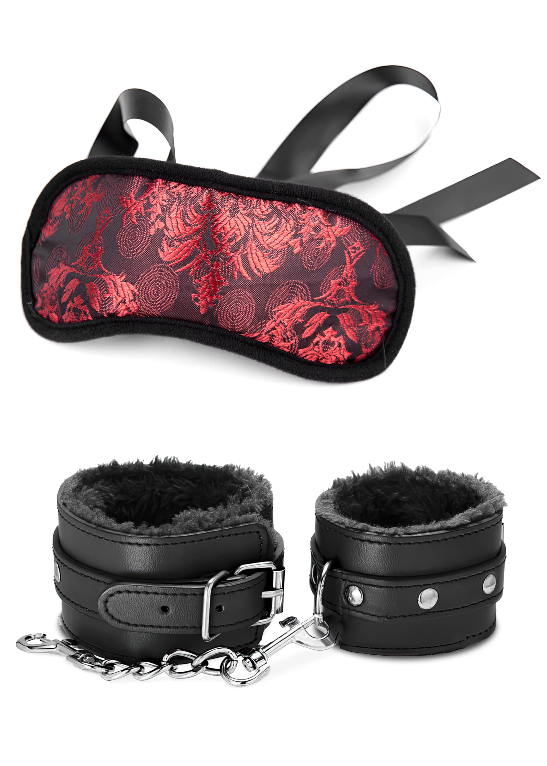 Fluffy Handcuffs & Satin Blindfold Mask - Adjustable BDSM Bondage Kit for Couples, Adult Fetish Restraints & Sex Toys - Perfect for Role Play, Spicing Up Relationships, and Sensual Exploration