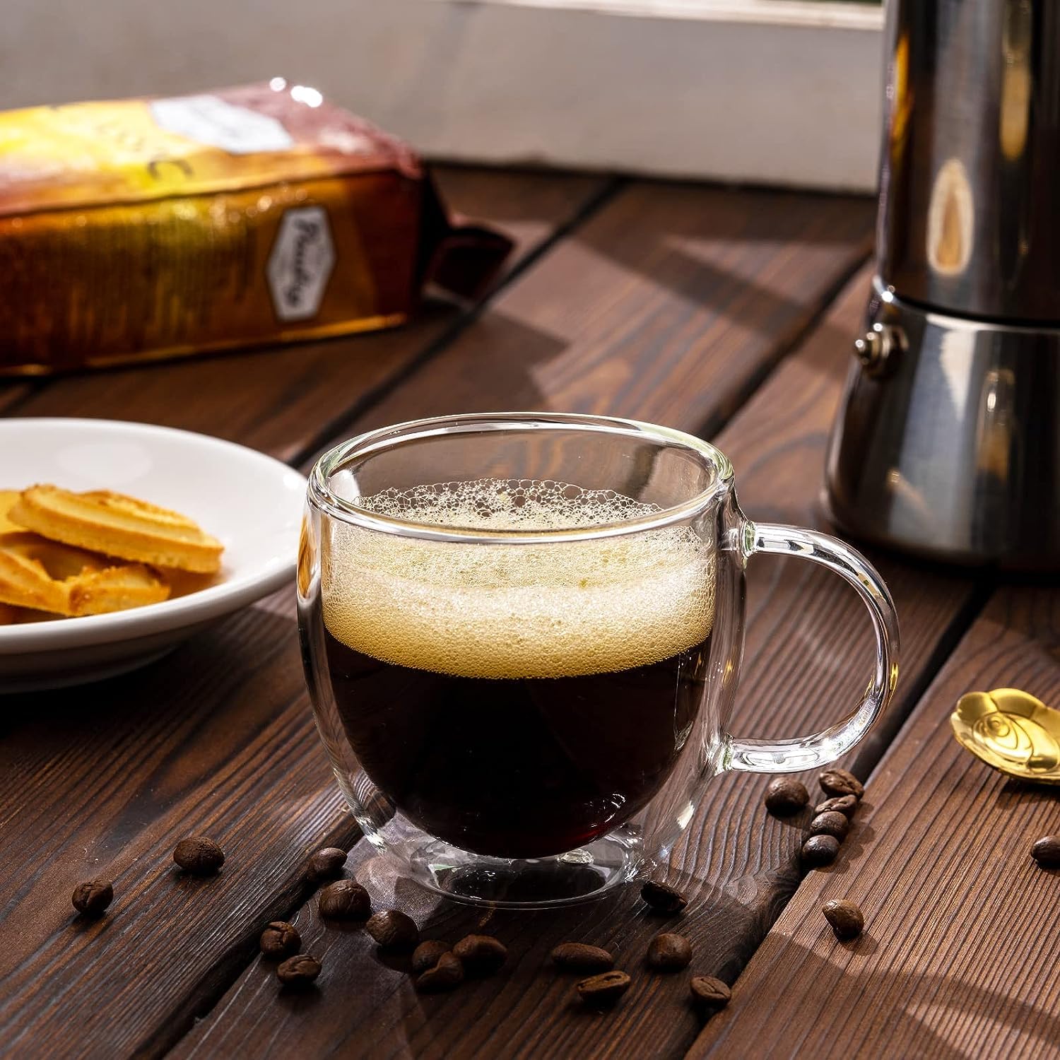 Premium Double Walled Glass Espresso Cups Set of 2 - 5oz Insulated Coffee Mugs with Handle, Clear Borosilicate Glass for Hot & Cold Drinks - Perfect for Espresso, Cappuccino, Latte, Tea, Wine - Ideal for Home, Office & Cafe Use