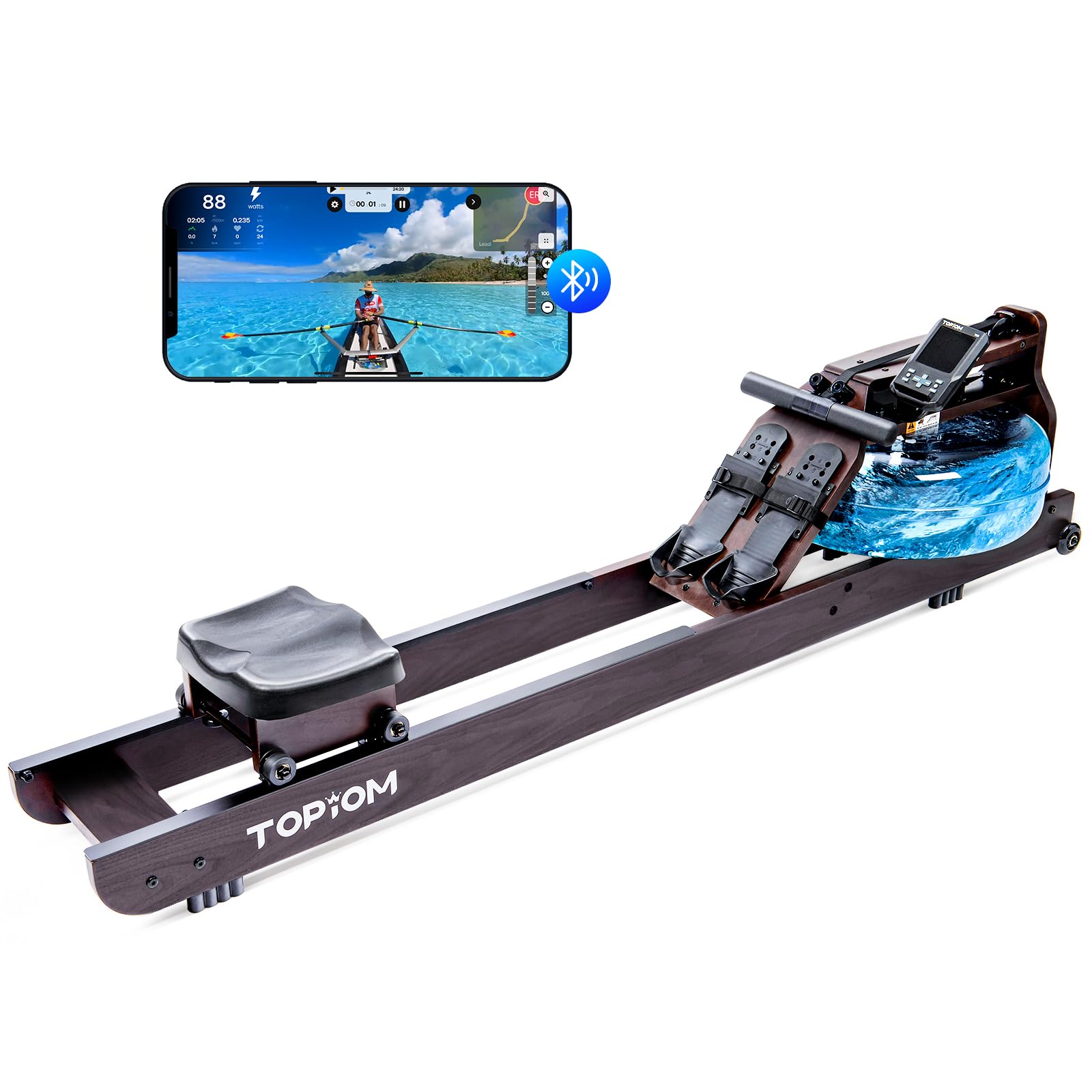 Foldable Water Rowing Machine for Home Gym - Bluetooth Connected Rower with LCD Monitor, Adjustable Foot Pedals & Tablet Holder - Perfect for Full-Body Workout, Cardio Training & Small Space Fitness