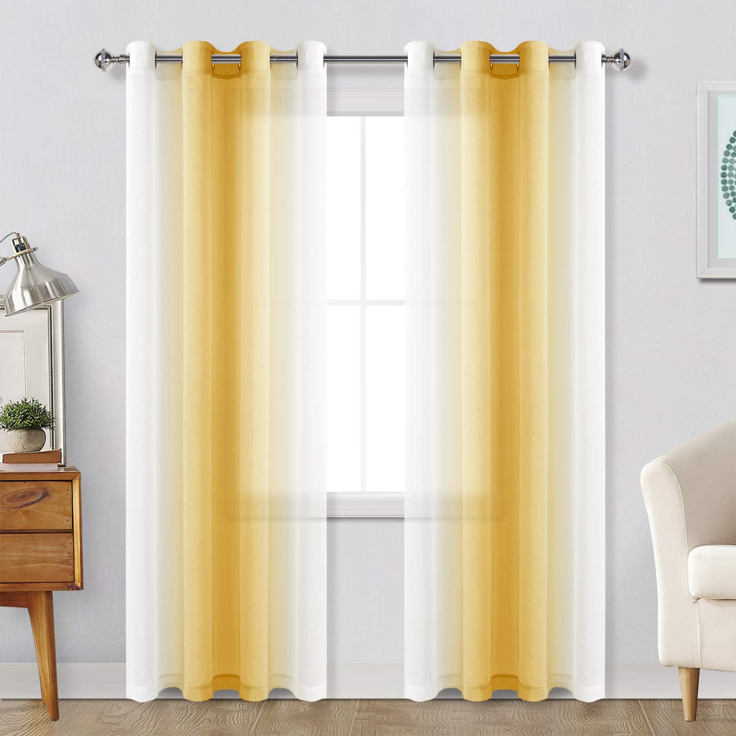 Ombre Sheer Curtains for Living Room & Bedroom - Faux Linen Voile Grommet Window Drapes, Set of 2 Panels (52x96 Inches), Yellow Gradient - Light Filtering & Privacy for Home Decor