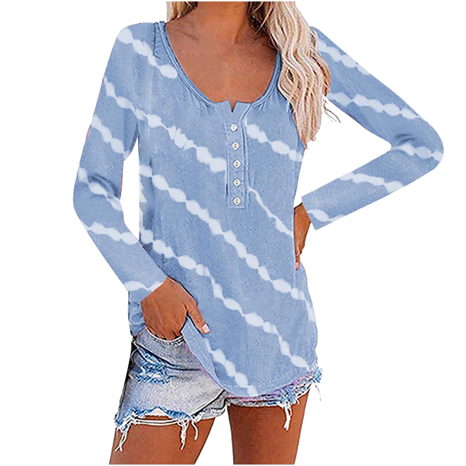2022 Women's Fashion Long Sleeve Casual Shirt - Round Neck Button Down Pullover Printed Tunic Blouse for Work, Office & Everyday Wear