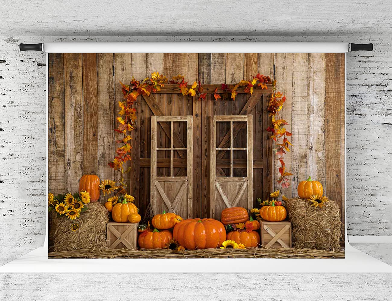 Kate Thanksgiving Backdrop - 10x8ft Pumpkin Barn Door Autumn Photography Background for Fall Photo Shoots | Perfect for Thanksgiving Decor, Family Portraits & Seasonal Events