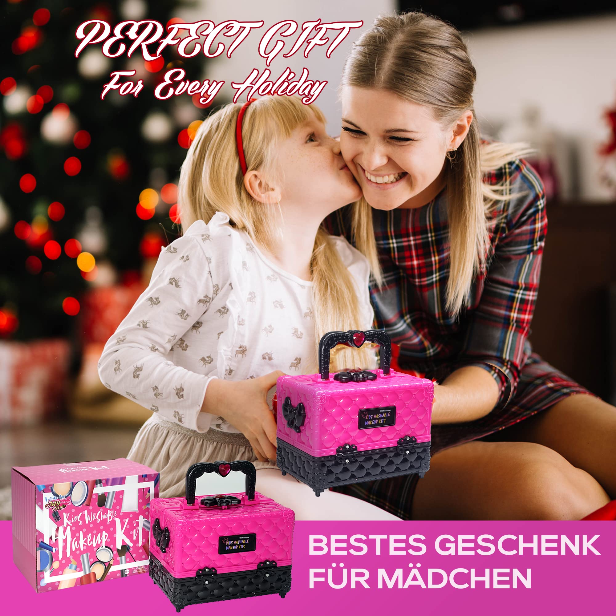 Amerrly 52-Piece Washable Makeup Set for Girls - Non-Toxic Kids Makeup Kit with Travel Case - Perfect Birthday Gift for Girls Ages 4-12 - Pretend Play, Dress-Up & Party Makeup for Kids