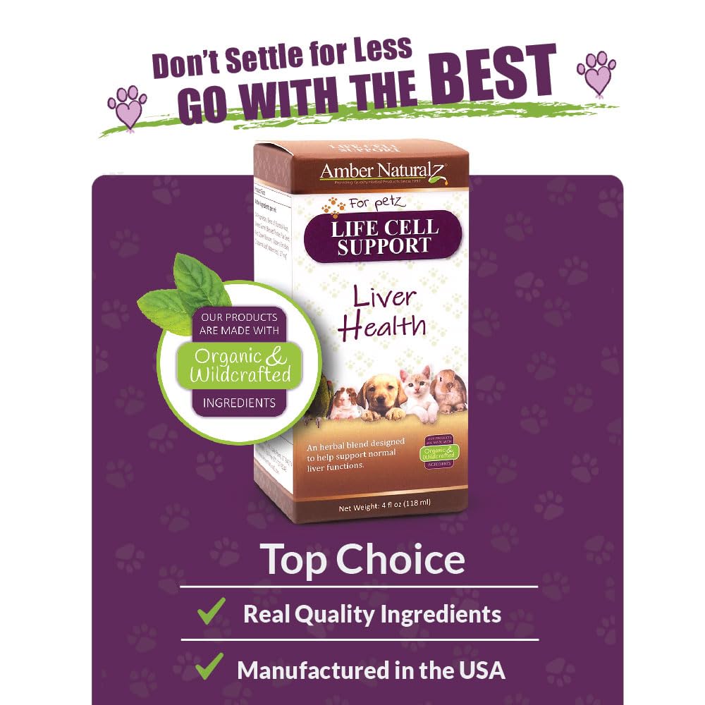 Amber NaturalZ Life Cell Support Herbal Supplement for Dogs, Cats, Birds, Guinea Pigs & Rabbits | Liver Health Support | 4oz Glass Bottle | Made in USA | Supports Detox & Vitality for Small Pets