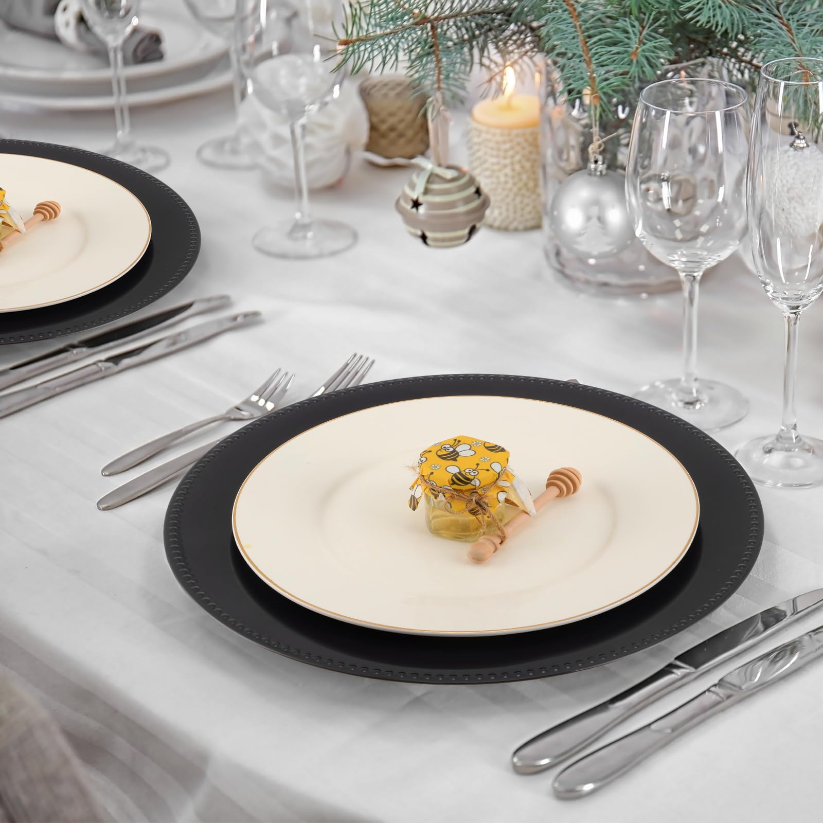 Dandat 50-Pack 13-Inch Plastic Round Charger Plates with Beaded Rim - Reusable Decorative Dinner Plates for Wedding, Party & Formal Events - Elegant Black Table Setting for Banquets, Catering & Home Dining
