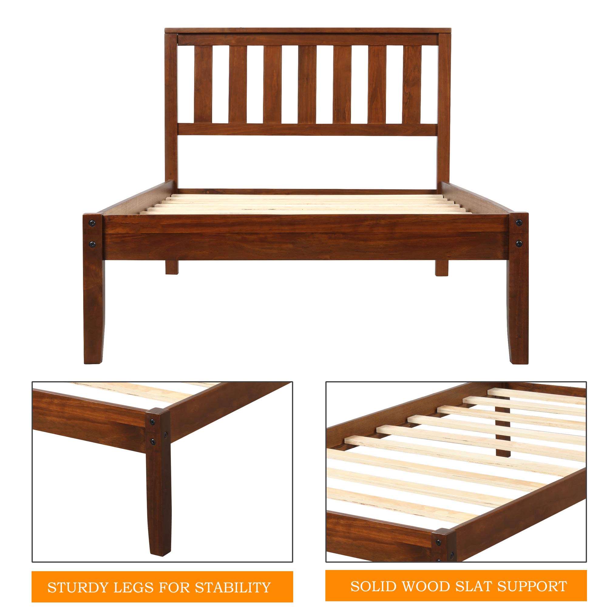 MERITLINE Solid Wood Twin Bed Frame with Headboard & Footboard - No Box Spring Needed, Walnut Finish - Perfect for Kids Rooms, Guest Bedrooms & Small Spaces