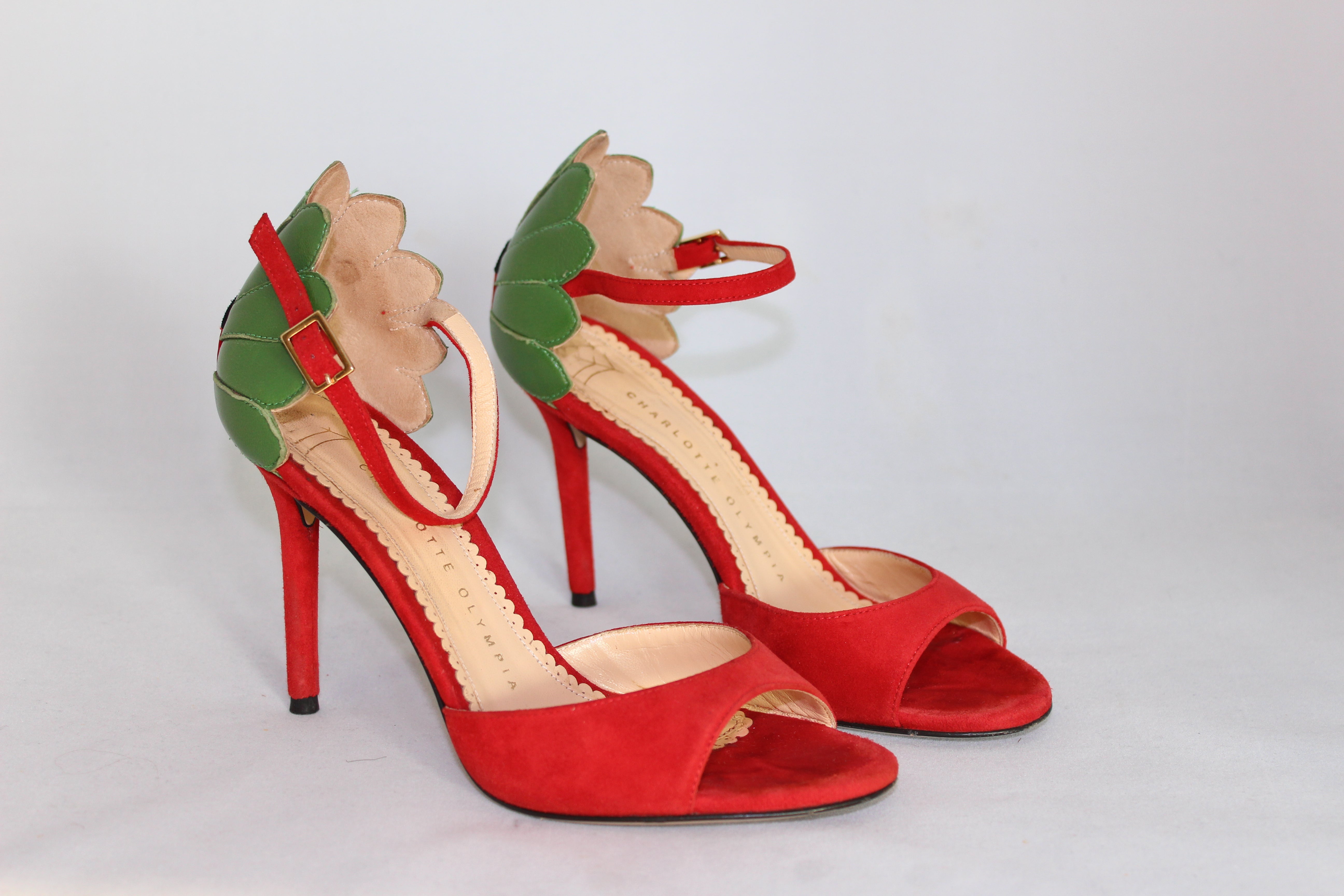 Charlotte Olympia Red Suede Sandals with Ladybug Detail - Size 36 | Elegant Summer Footwear for Weddings & Outdoor Events
