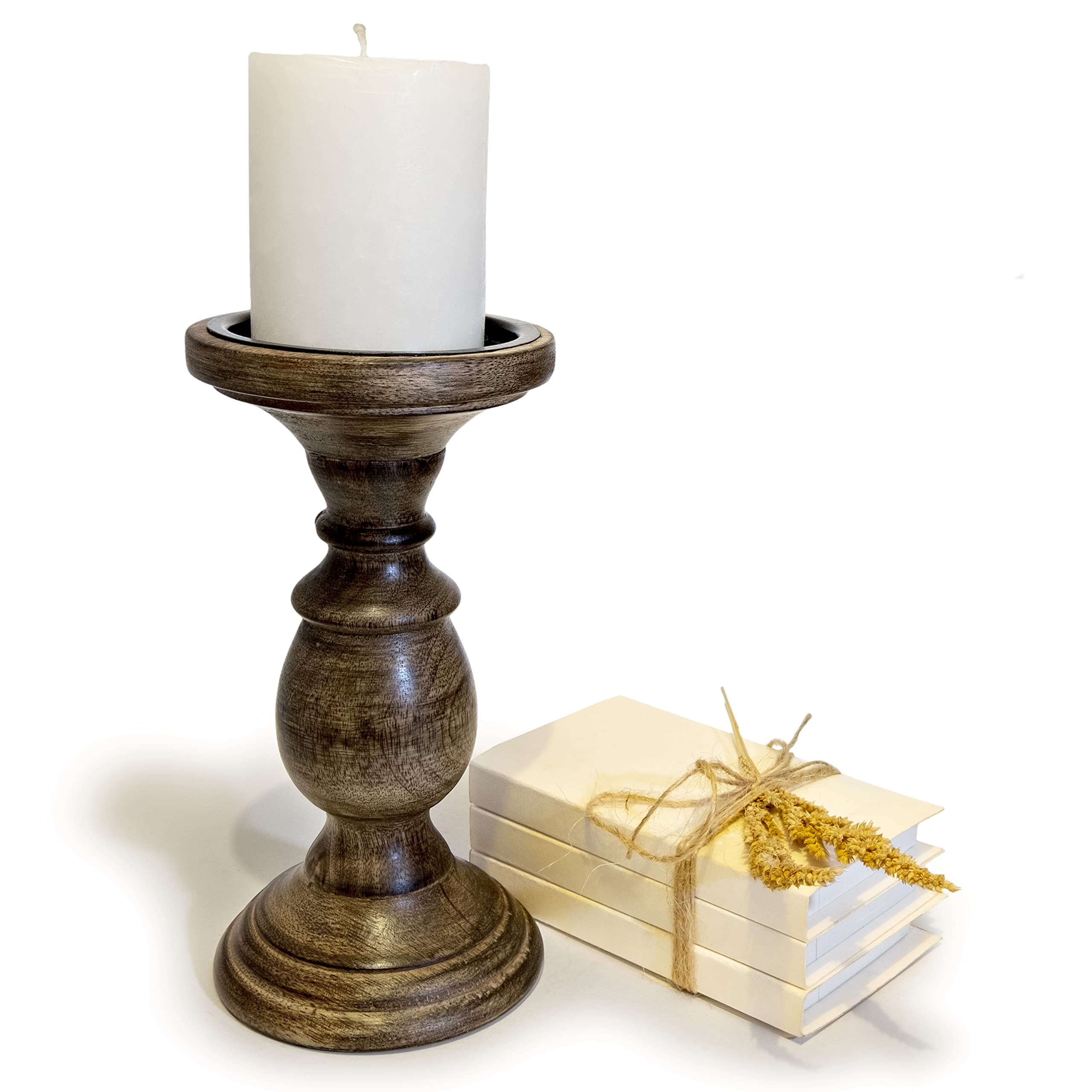 8 Inch Tall Wooden Pillar Candle Holder - Rustic Farmhouse Decor for Wedding, Dining Table, Mantel & Home Centerpiece