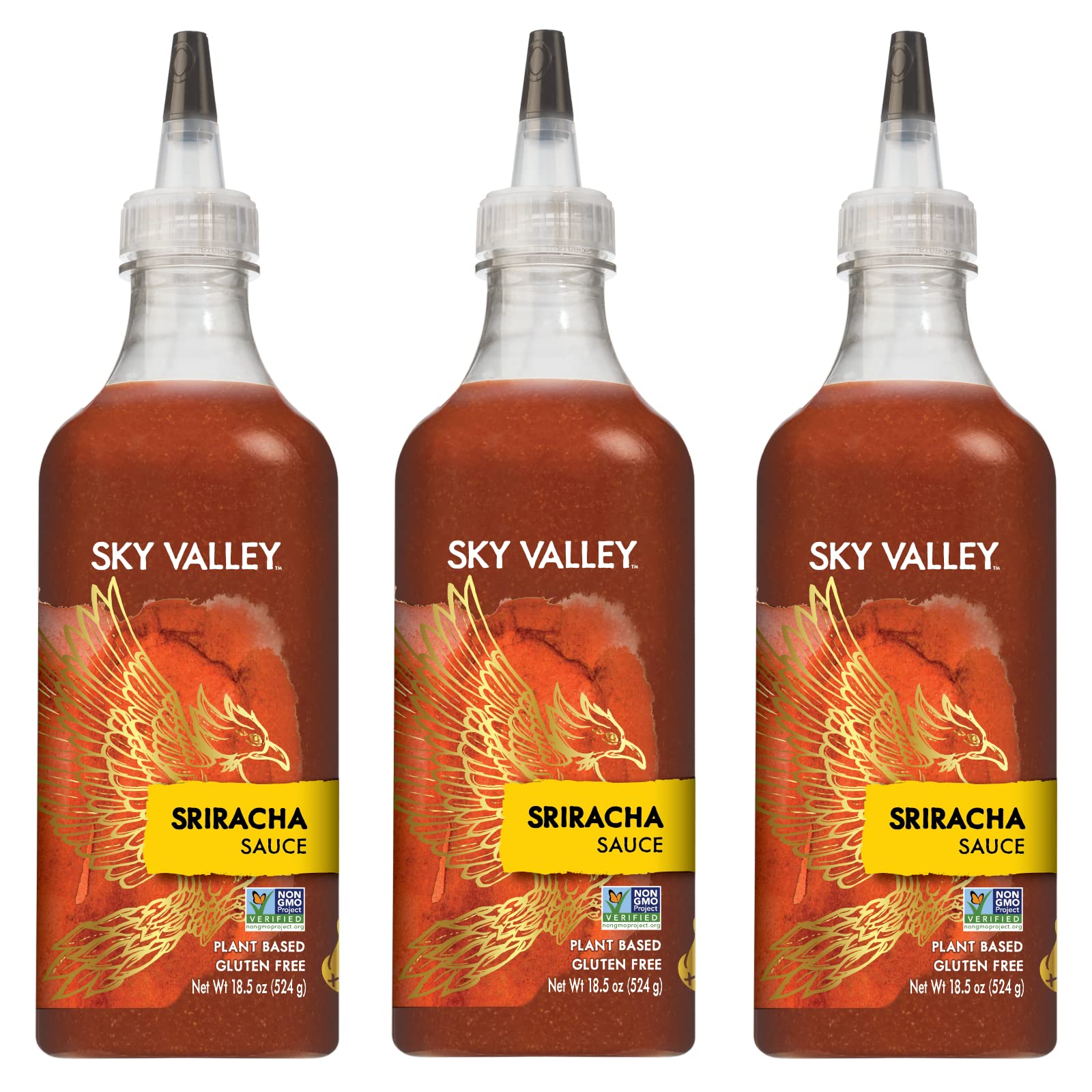 Sky Valley Sriracha Hot Sauce - Gluten Free, Vegan, Non-GMO, Low Sugar (2g) & Low Calorie (5kcal) - Made with Red Jalapeno Peppers - 18.5 Oz Bottle (3 Pack) - Perfect for Tacos, Burgers, Wings & Asian Cuisine