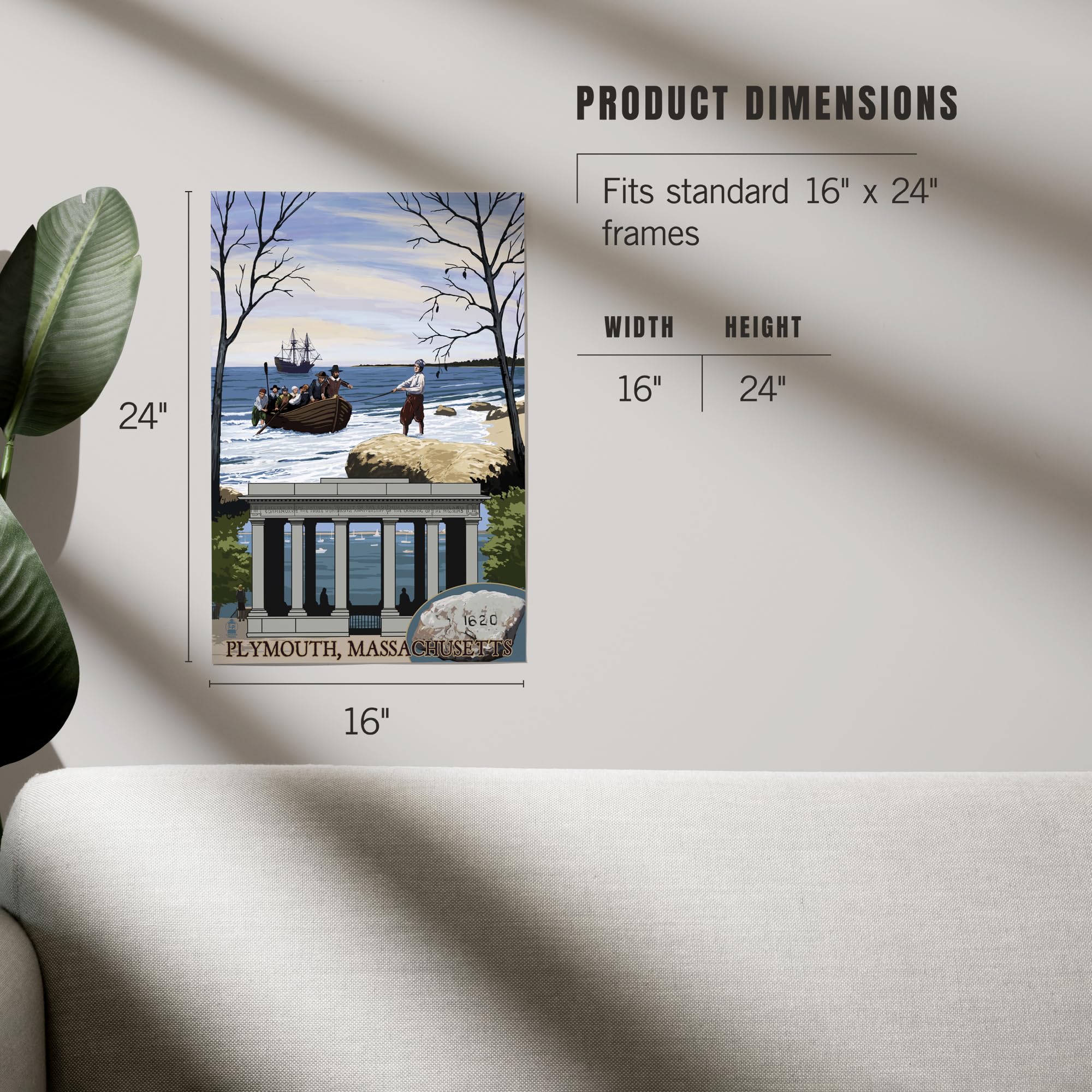Lantern Press 16x24 Inch Giclee Art Print - Plymouth Massachusetts Coastal Wall Decor - Premium Canvas Wall Art for Living Room, Bedroom & Office