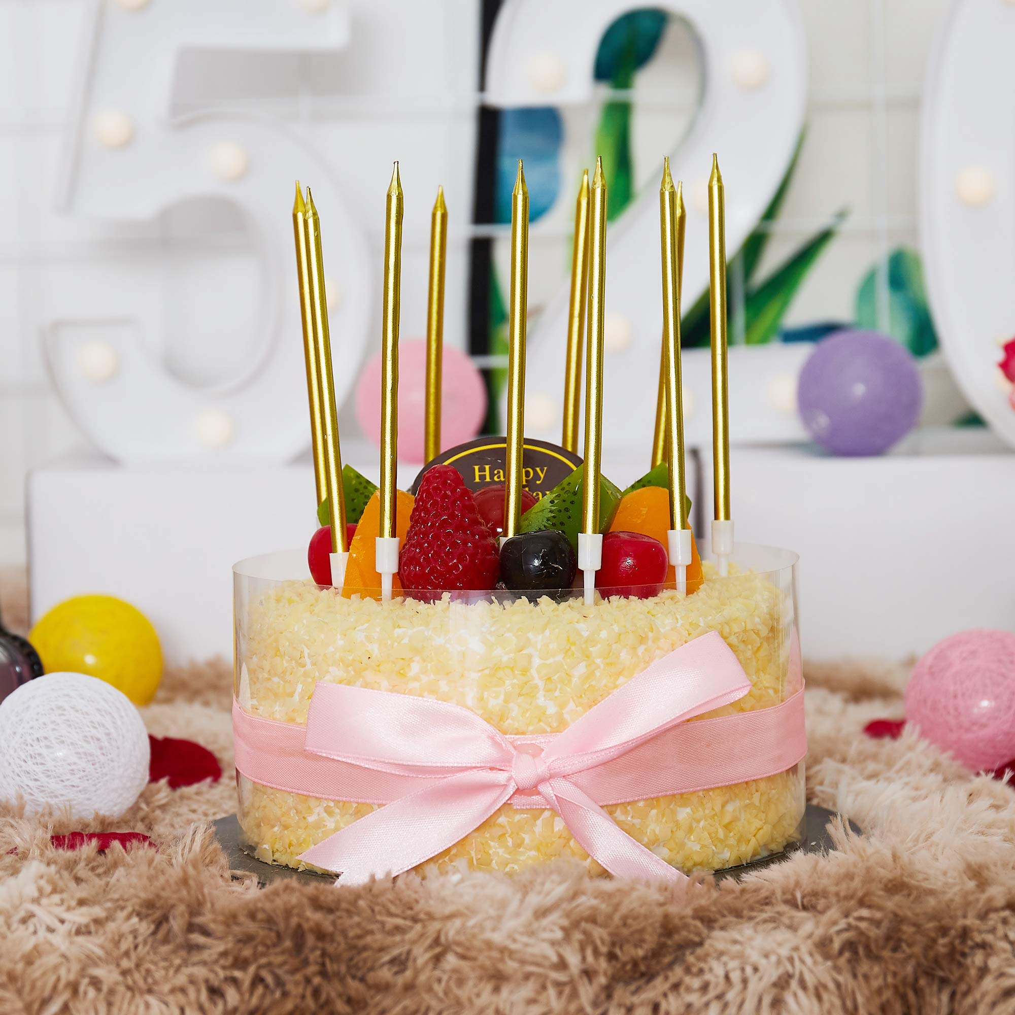 24-Pack Gold Metallic Birthday Candles - Slow Burning Happy Birthday Cake Candles with Holders for Wedding, Party & Celebration Decorations - Perfect for Cakes, Cupcakes & Dessert Tables