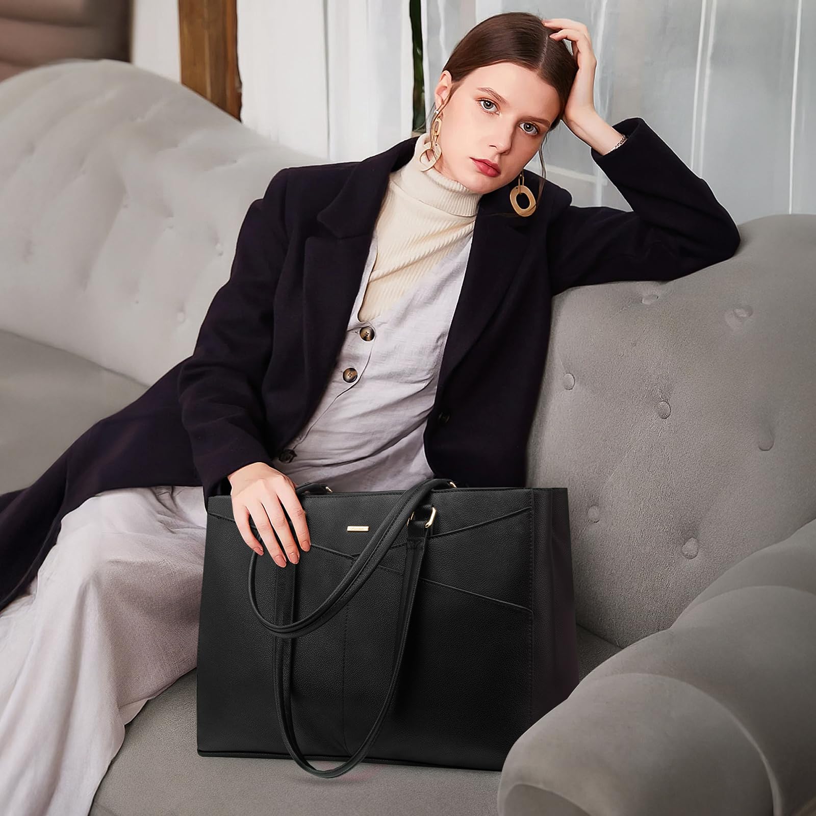 LOVEVOOK 15.6 Inch Waterproof Leather Laptop Tote Bag for Women - Stylish Business Office Work Briefcase with Multiple Pockets (Black) - Perfect for Commuting, Business Trips and Professional Work Settings