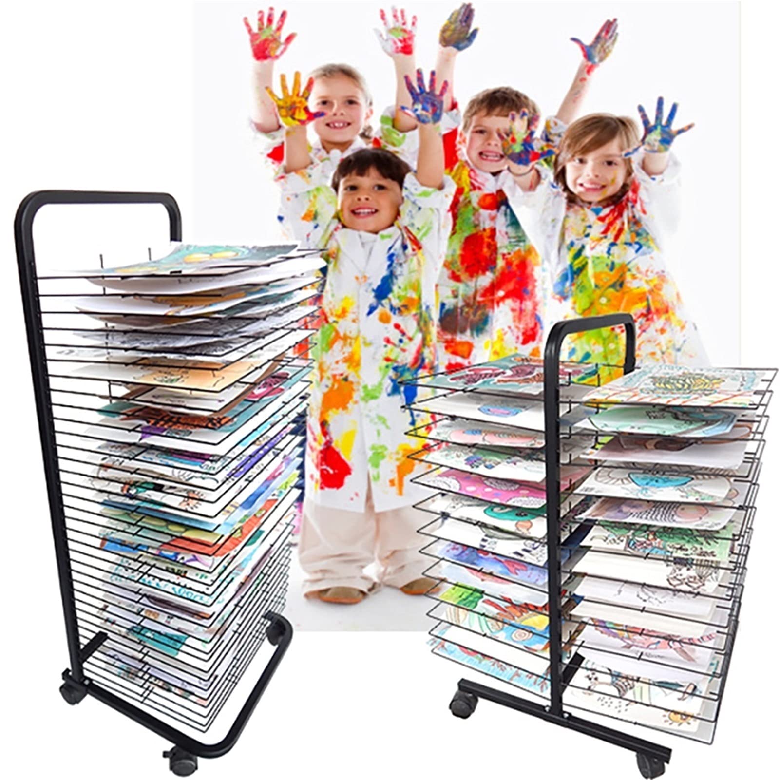 YSCMX 25-Layer Mobile Drying Rack with Wire Shelves - Black Powder Coated Art Studio Easel for Paintings, Classroom Projects & Educational Crafts | Perfect for Artists, Teachers & Students