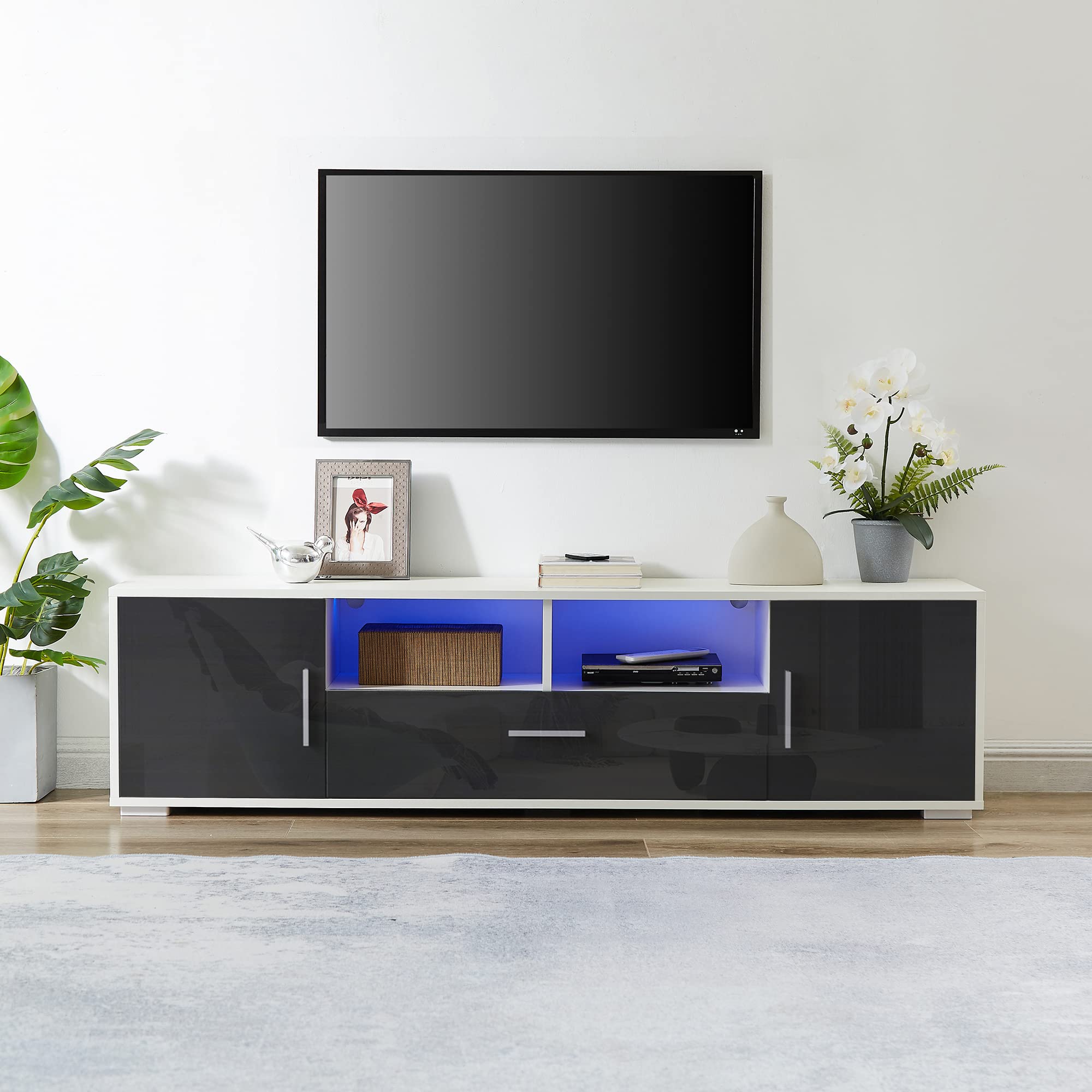 65 Inch LED TV Stand with Storage - High Gloss Entertainment Center TV Console Table Cabinet for Living Room & Bedroom (Grey) - Perfect for Home Theater Setup & Living Room Organization