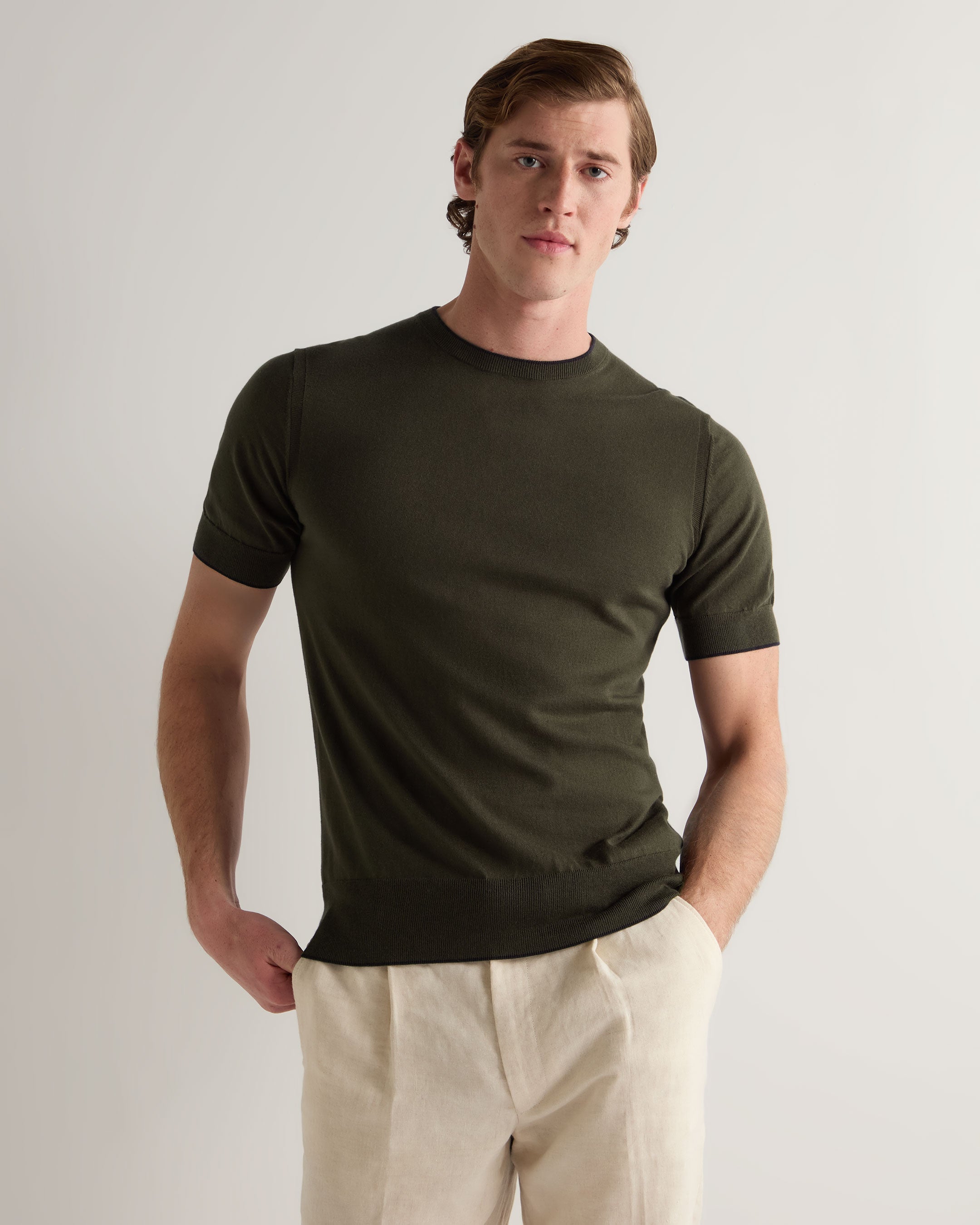 Premium Men's Newquay Cotton Cashmere Blend T-Shirt in Arabica Khaki Green | Soft & Breathable Casual Tee for Everyday Wear & Outdoor Activities