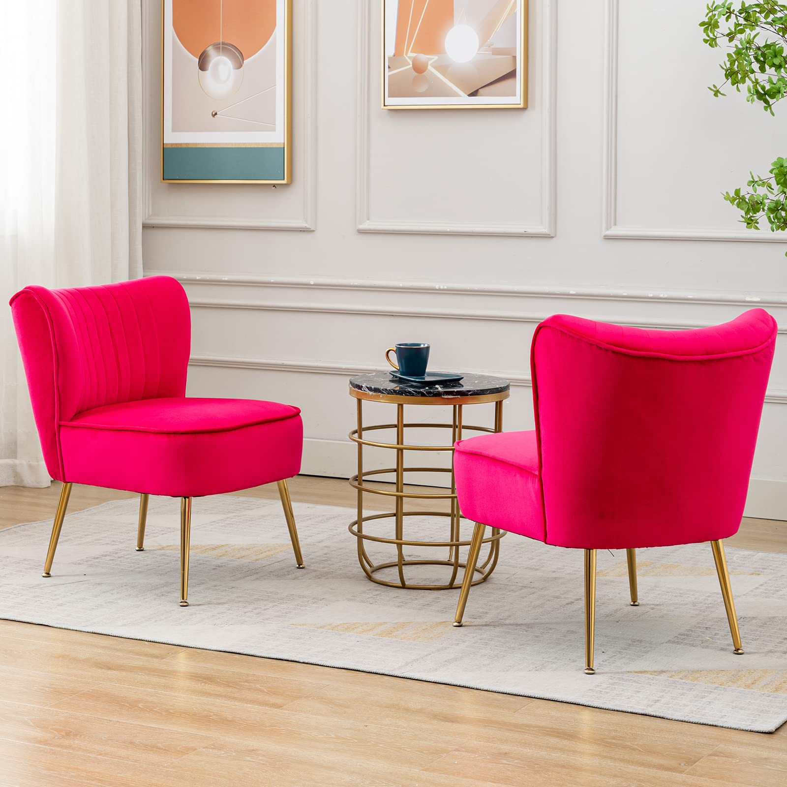 Modern Velvet Accent Chair Set of 2 - Gold Leg Wingback Slipper Chairs for Living Room, Bedroom & Entryway - Space Saving Small Corner Chairs (Rose Red) - Perfect for Cozy Reading Nooks, Guest Seating & Apartment Decor