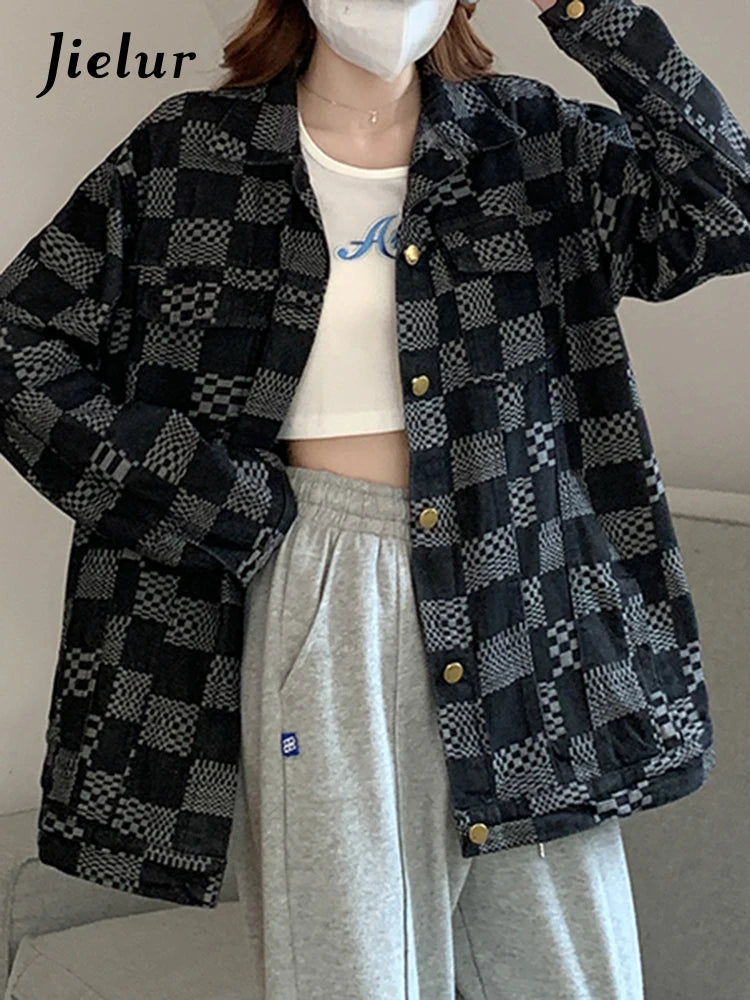 Stylish Women's Autumn Korean Fashion Denim Jacket - Loose Fit Retro Blue Black Plaid Checkerboard Coat for Casual Outings and Layering