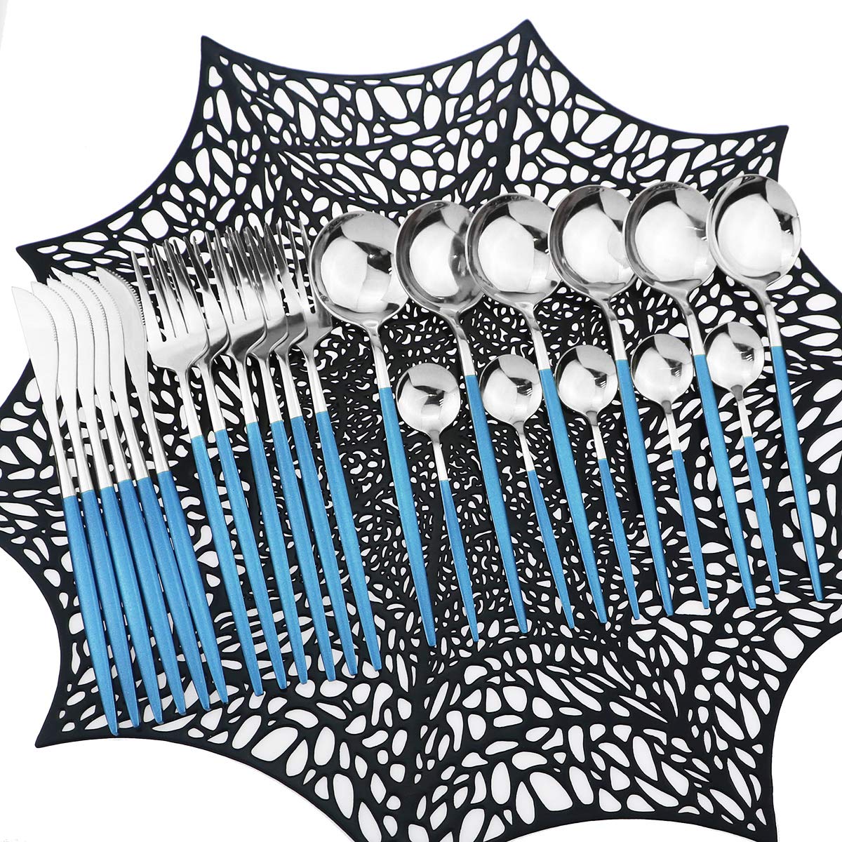 24-Piece Mirror Silverware Set - Premium 304 Stainless Steel Flatware Set with Shiny Finish - Elegant Tableware Cutlery for Home & Restaurant Use - Dishwasher Safe Service for 6 People (Blue/Silver) - Perfect for Dinner Parties, Wedding Gifts & Upscale Dining