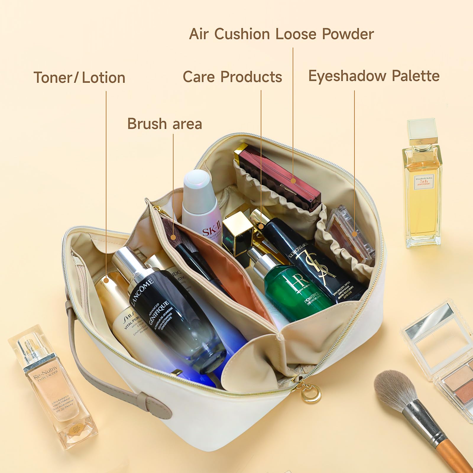 Waterproof Travel Makeup Bag for Women - Large Capacity Cosmetic Organizer with Divider & Handle | Portable Flat Open Toiletry Pouch (Khaki) | Perfect for Vacation, Gym, Business Trips & Daily Use