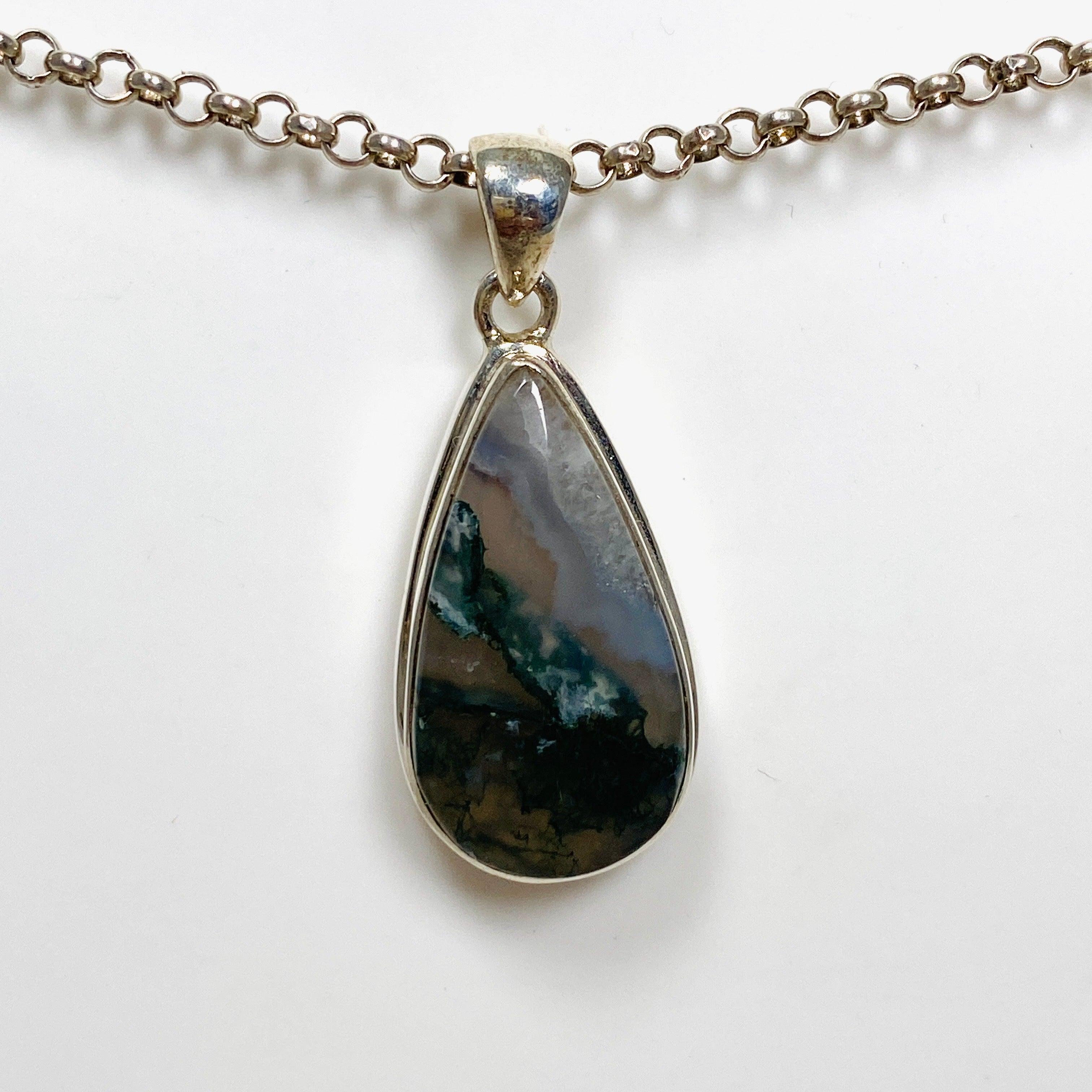 Natural Moss Agate Teardrop Pendant Necklace - 925 Sterling Silver Jewelry KPGJ3625 | Healing Crystal Gift for Women, Meditation & Spiritual Protection