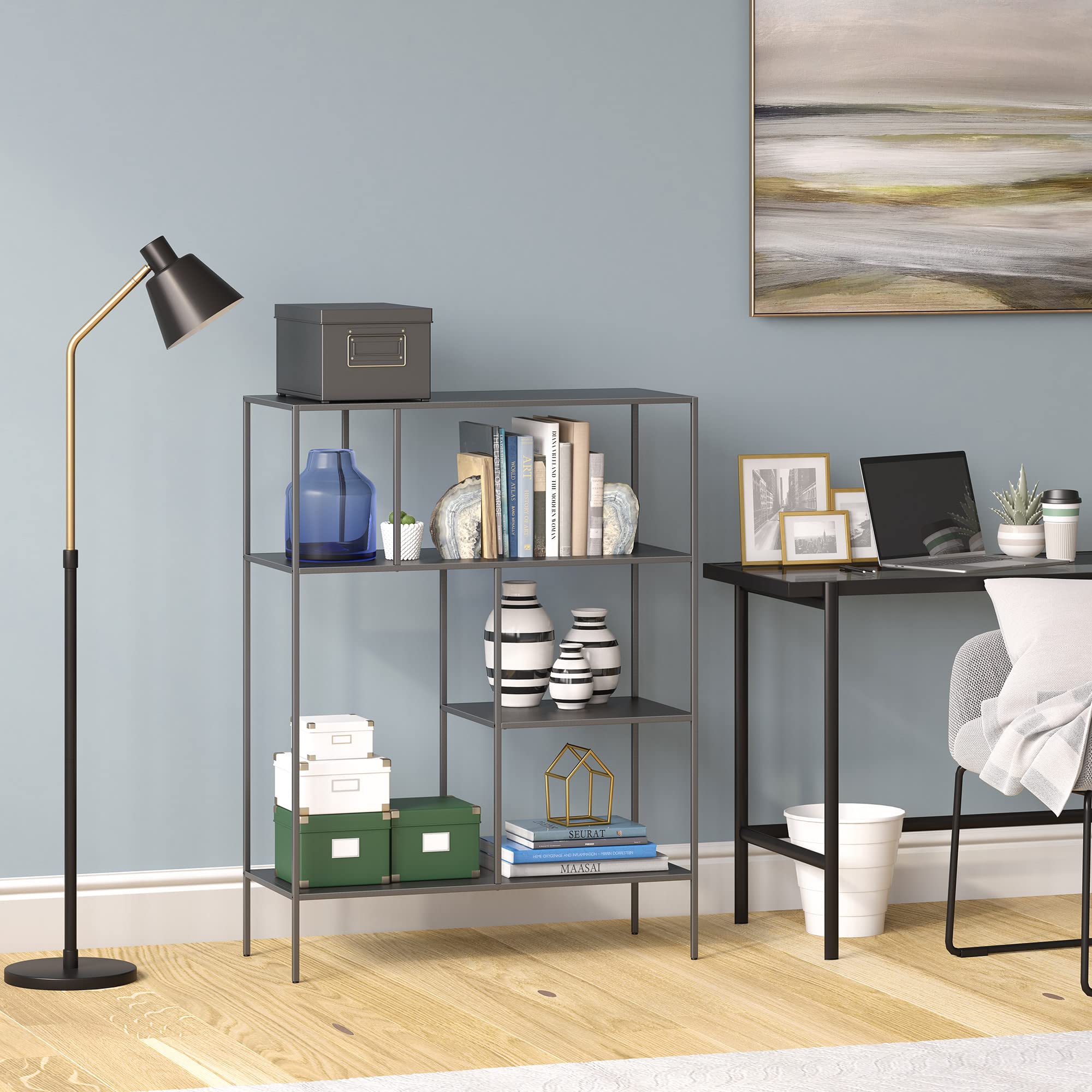 Henn&Hart 48 Inch Tall Rectangular Bookcase in Gunmetal Gray - Modern Bookshelf for Living Room, Bedroom, Office - Perfect for Home Decor, Storage & Organization