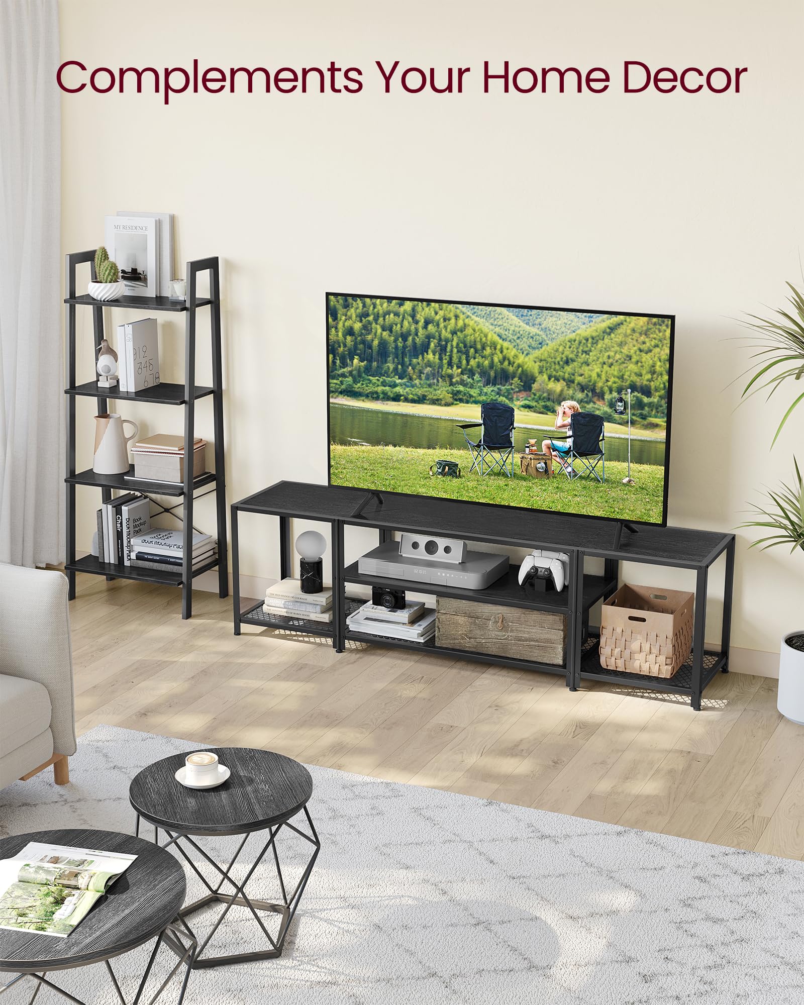 VASAGLE Modern TV Stand for TVs up to 75 Inches, 3-Tier Entertainment Center with Open Storage Shelves, Industrial TV Console Table - Black Wood Grain Finish ULTV098B22 | Perfect for Living Room, Bedroom, Home Theater & Office Setup
