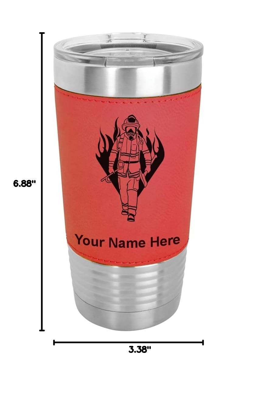 LaserGram 20oz Vacuum Insulated Stainless Steel Tumbler Mug with Personalized Engraving - Fireman Design, Leakproof & Sweatproof, Keeps Drinks Hot/Cold for Hours - Perfect for Firefighters, Outdoor Activities, Office & Travel (Faux Leather Handle, Red)