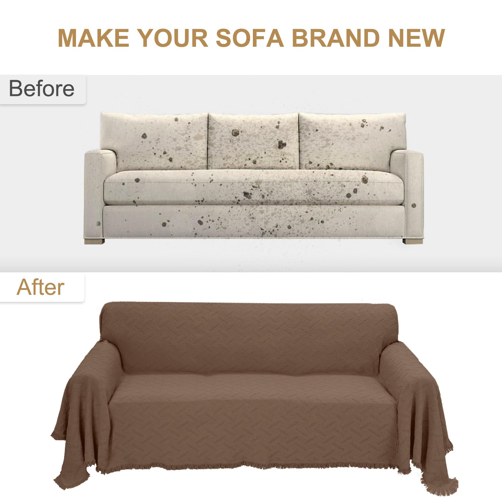 ROSE HOME FASHION Geometric Sofa Cover for 3-Cushion Couch - X-Large Chocolate Brown Stretchable Couch Protector - Pet-Friendly, Anti-Slip Living Room Furniture Protector for Dogs & Kids - Perfect for Home, Office, and Daily Use