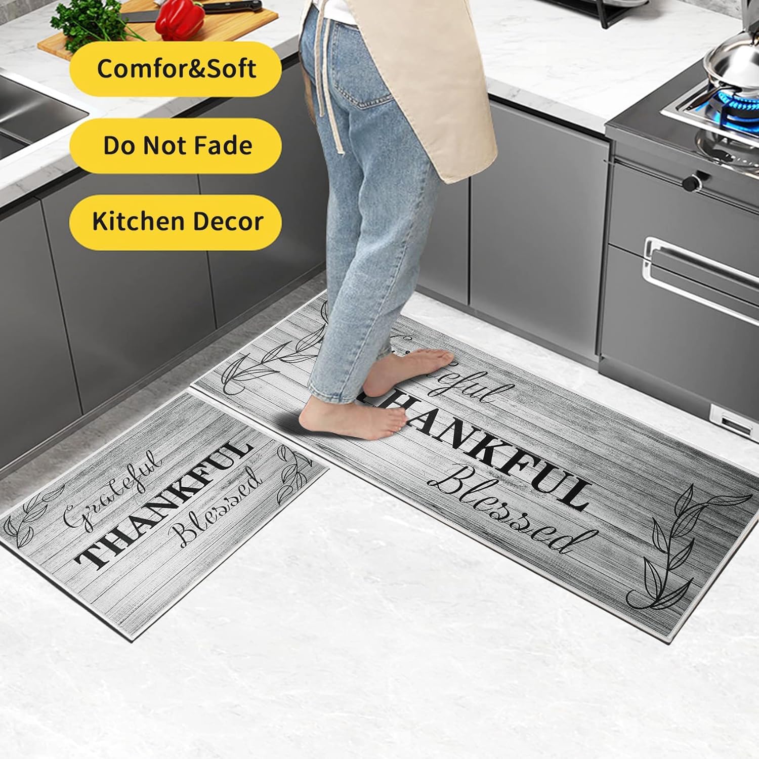 2 Pcs Washable Non-Slip Kitchen Rugs Set - Cushioned Farmhouse Floor Mats for Sink, Bathroom, Home - Perfect for Standing Comfort in Kitchen & Laundry Areas