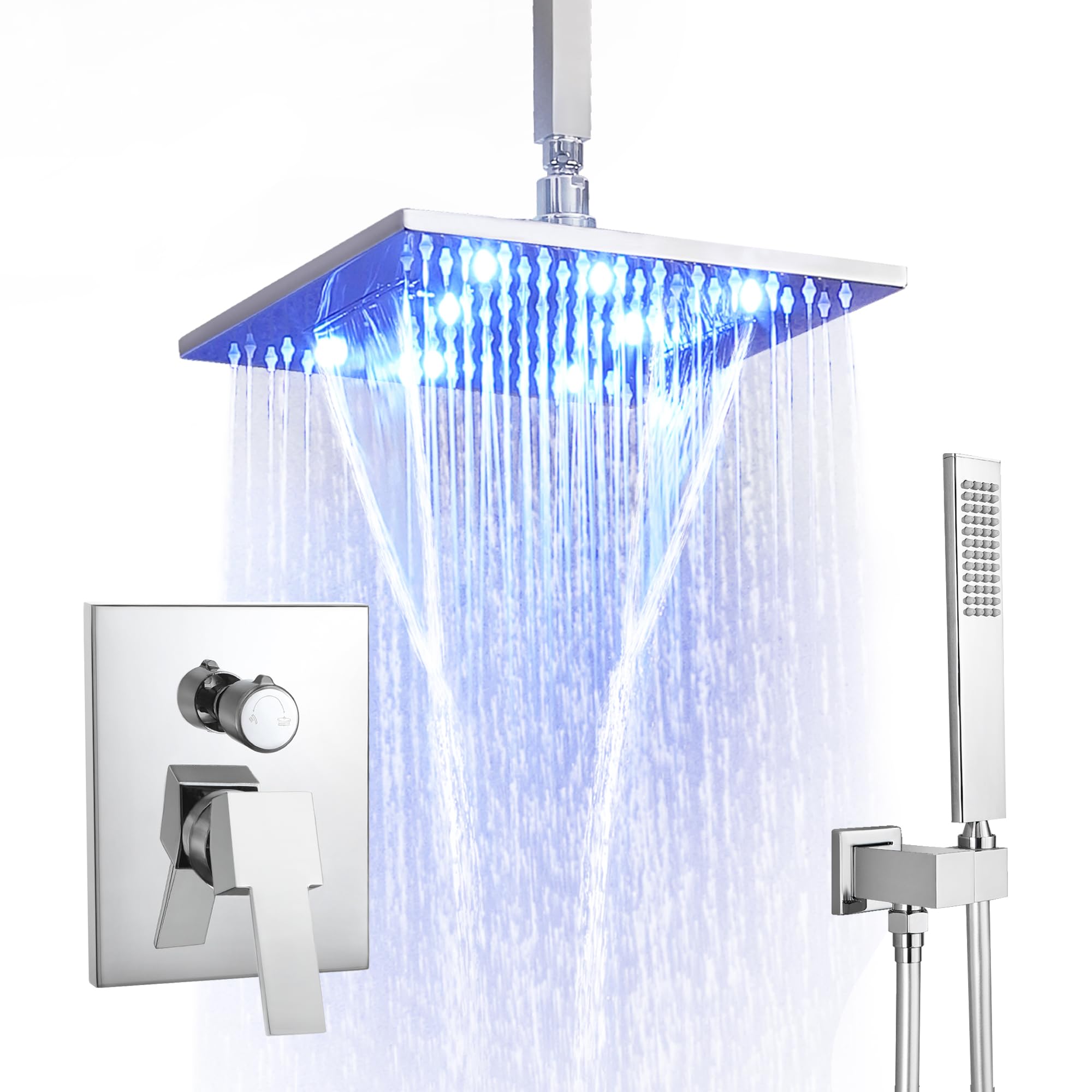 SKOWLL 2-Function Ceiling Mounted Shower System - High Pressure Rainfall Shower Head & Handheld Spray Combo - Polished Chrome Finish for Luxurious Bathroom Upgrade | Perfect for Master Bath, Spa-Like Experience, and Modern Home Renovation