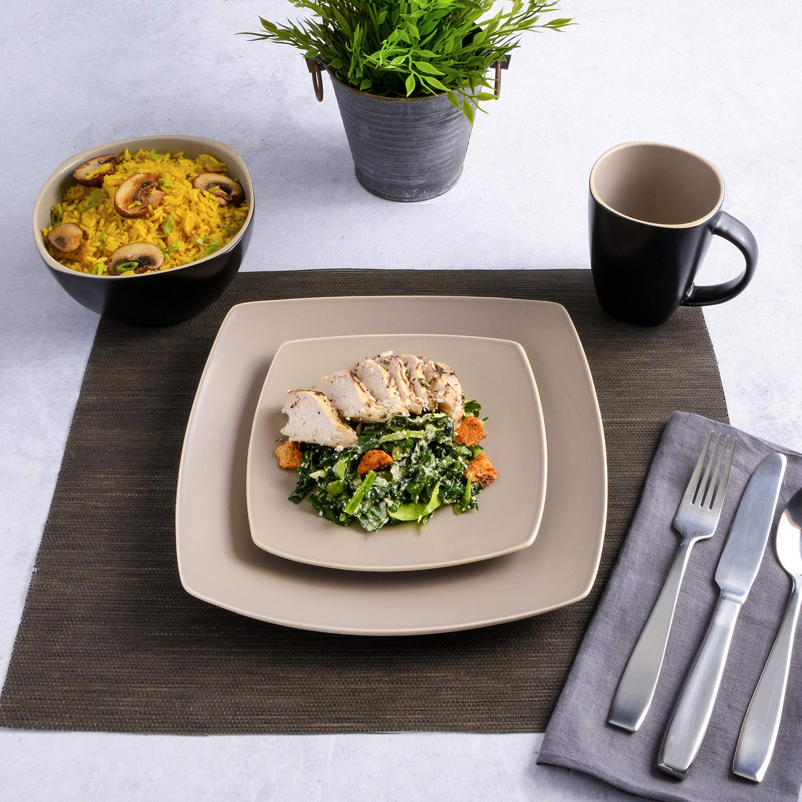 Premium Gibson Elite Soho Lounge 16-Piece Dinnerware Set for 4 - Matte Taupe Stoneware Plates, Bowls & Mugs - Elegant Dinner Party & Everyday Dining Tableware