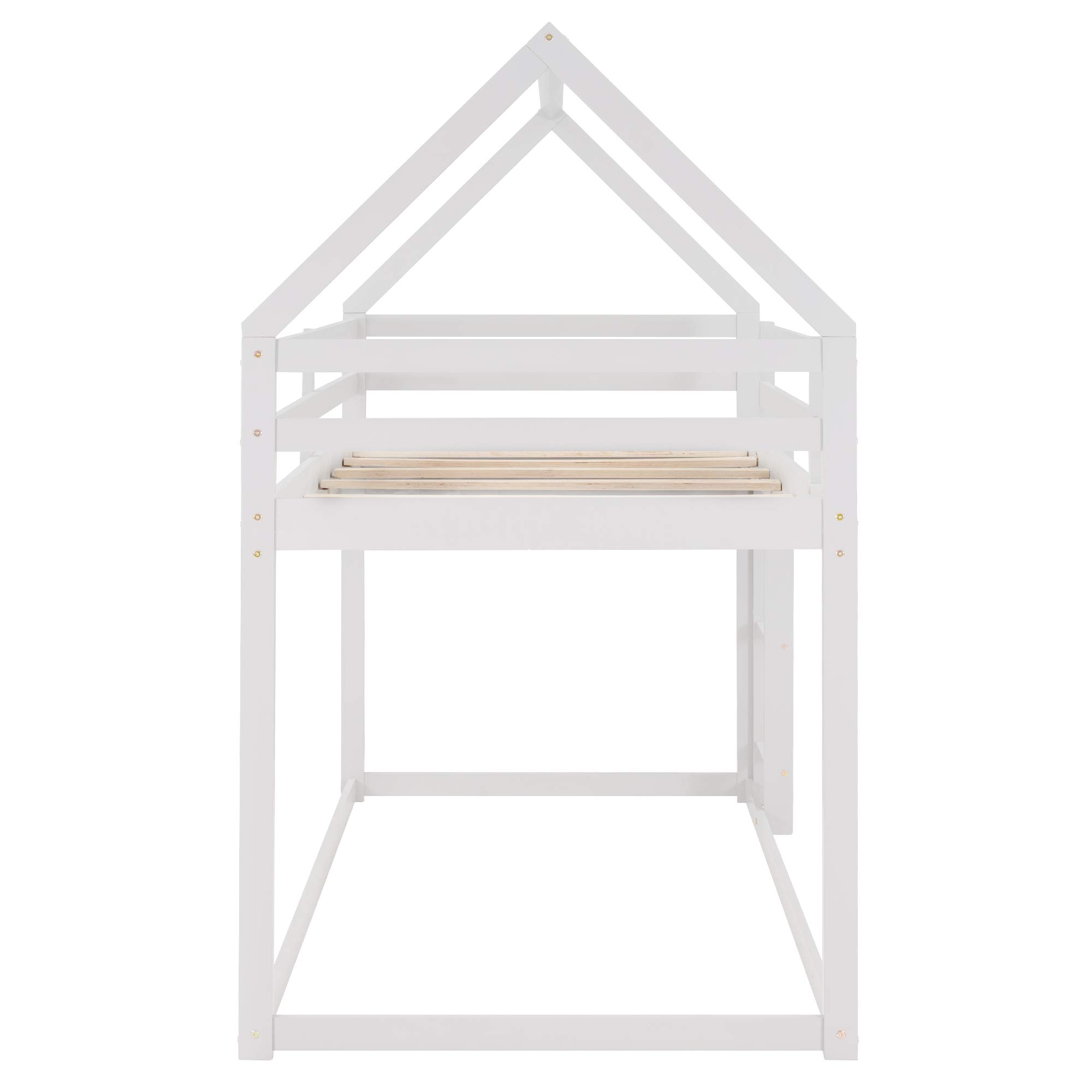 Rhomtree Twin Over Twin Low Bunk Bed with Roof - Sturdy Wood Loft Bed Frame for Kids & Toddlers, No Box Spring Needed, Easy Assembly (White) - Perfect for Small Bedrooms, Shared Kids Rooms & Space-Saving Home Decor