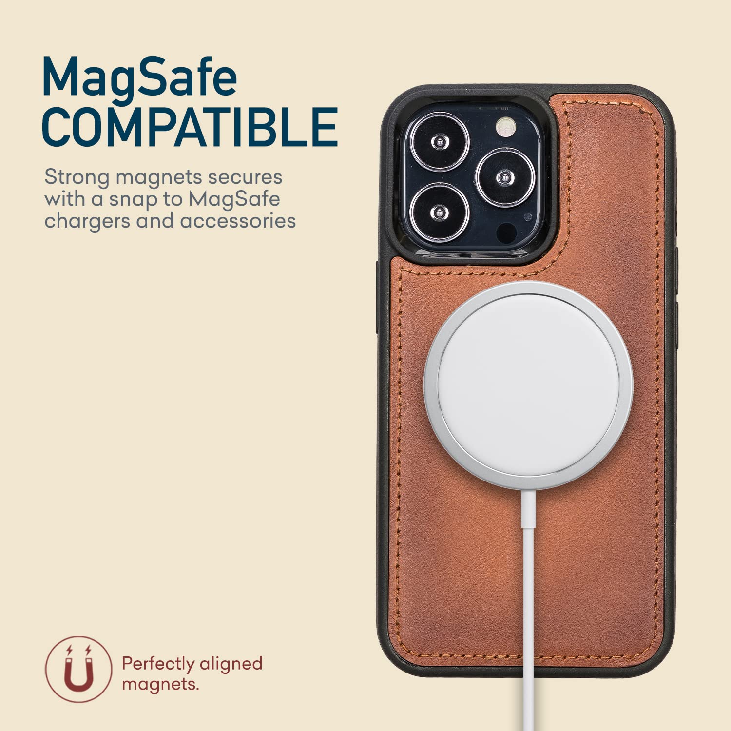 Bayelon Premium Full Grain Leather Wallet Case for iPhone 13 Pro - Magnetic Detachable Flip Cover with Card Slots & Kickstand | MagSafe Compatible | Rustic Tan | Perfect for Business Travel & Daily Use