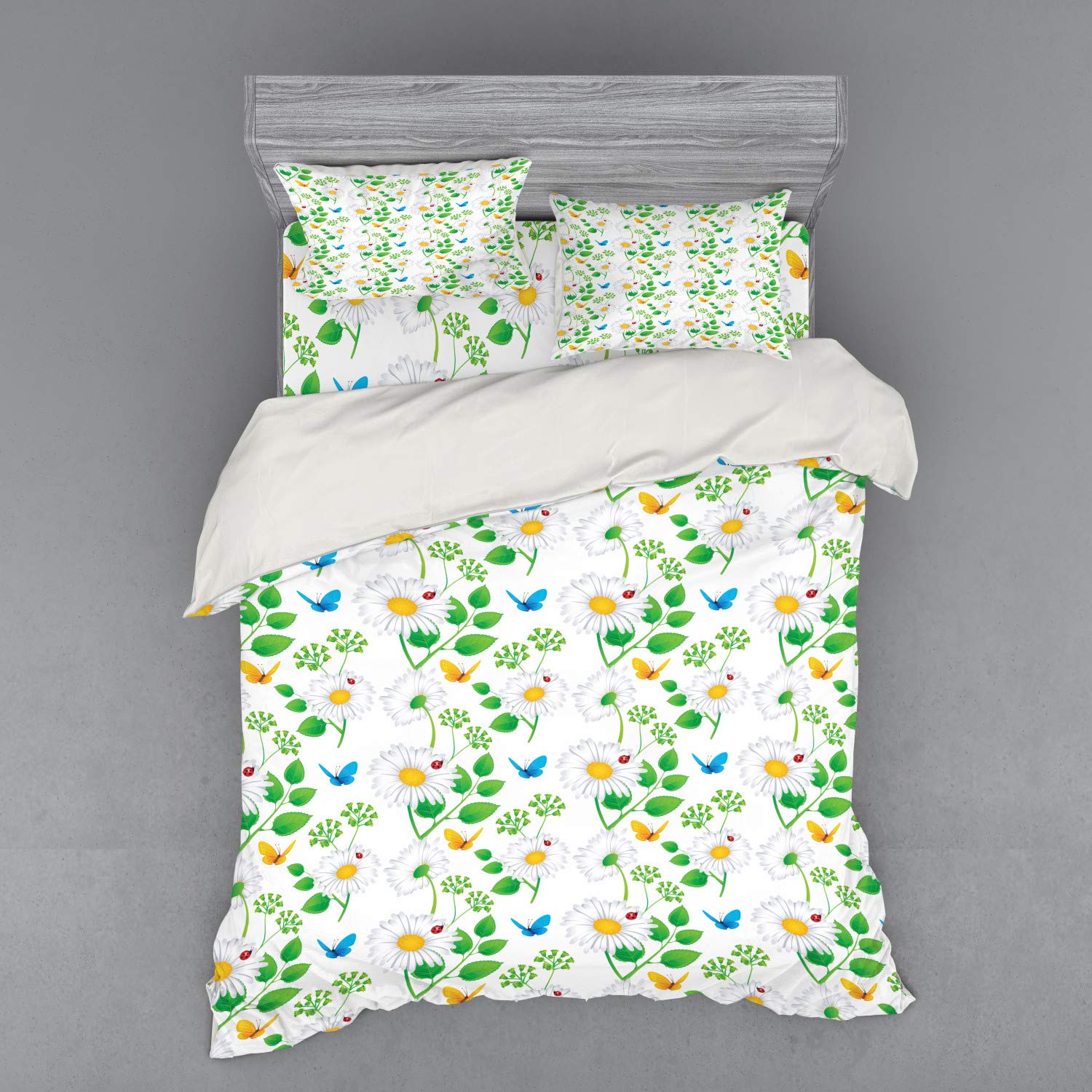 Ambesonne Ladybugs Bedding Set - 4 Piece Duvet Cover Set with Shams & Fitted Sheet, Queen Size, White & Green - Playful Nature-Inspired Chamomile & Ladybug Design - Perfect for Kids' Rooms, Spring Decor & Whimsical Bedroom Themes